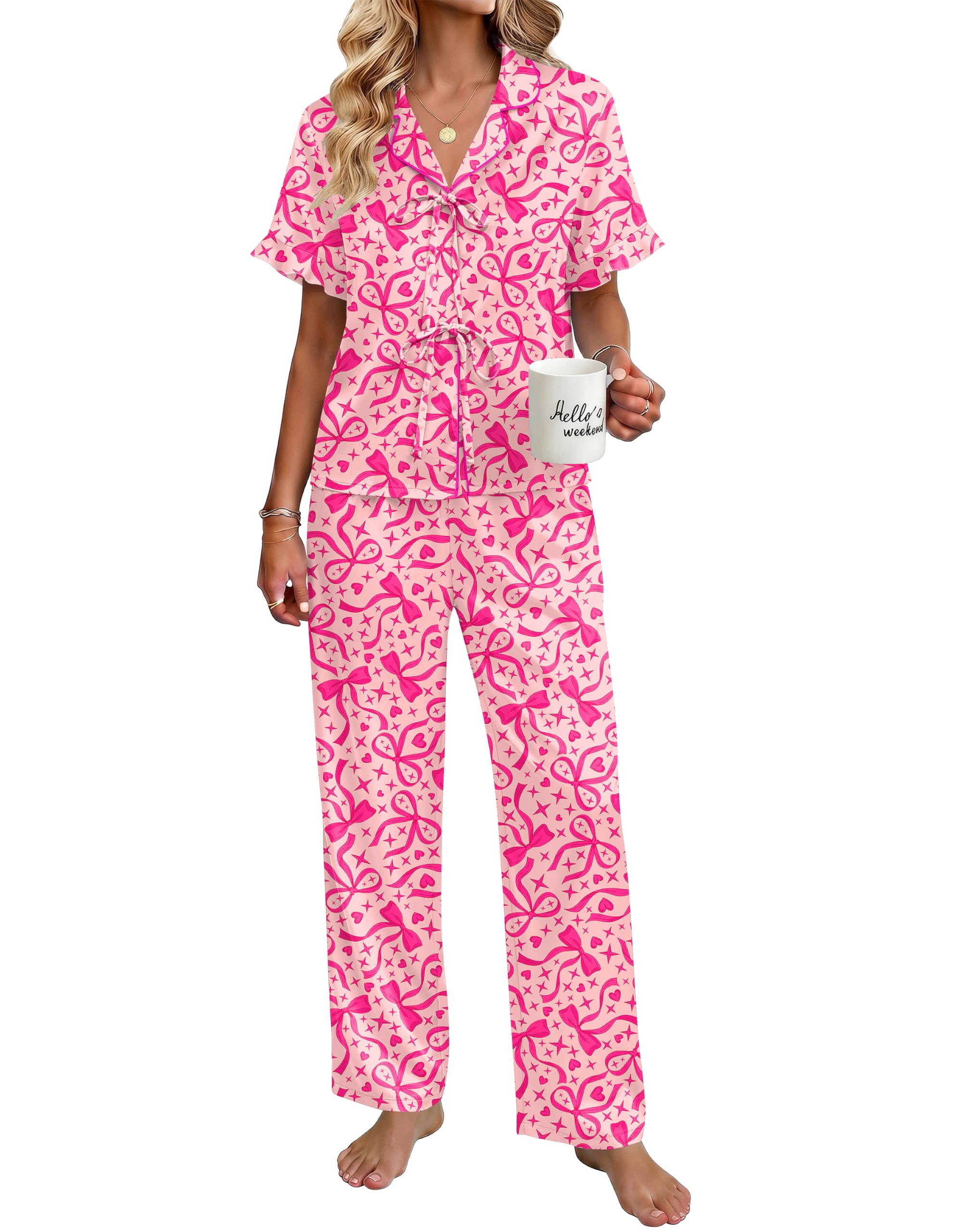 Ekouaer Womens Satin Pajama Sets Silky Tie Front Ruffle Pjs Sets Sleepwear