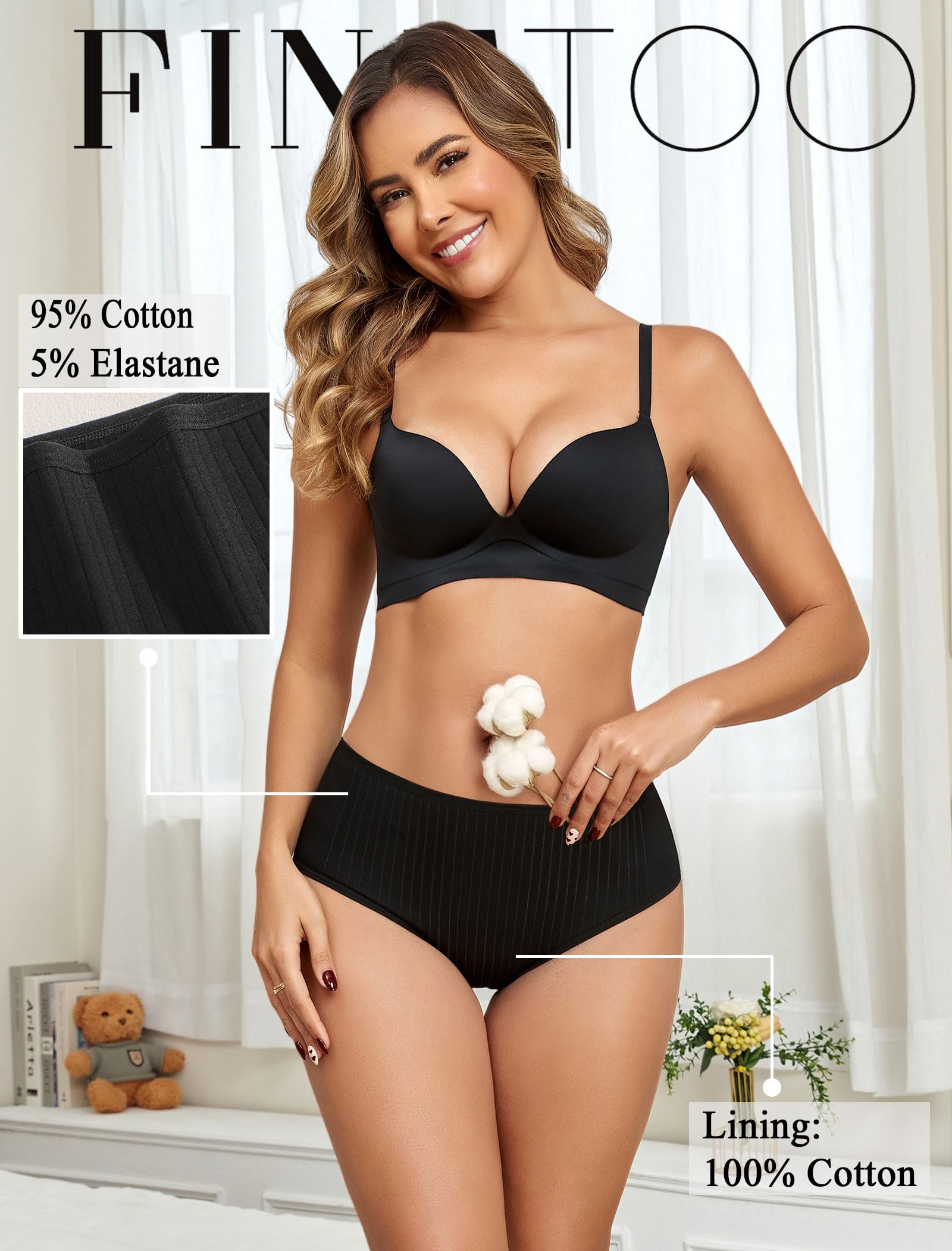 FINETOO Cotton Underwear Women High Waisted Ribbed Breathable Briefs 6 Pack