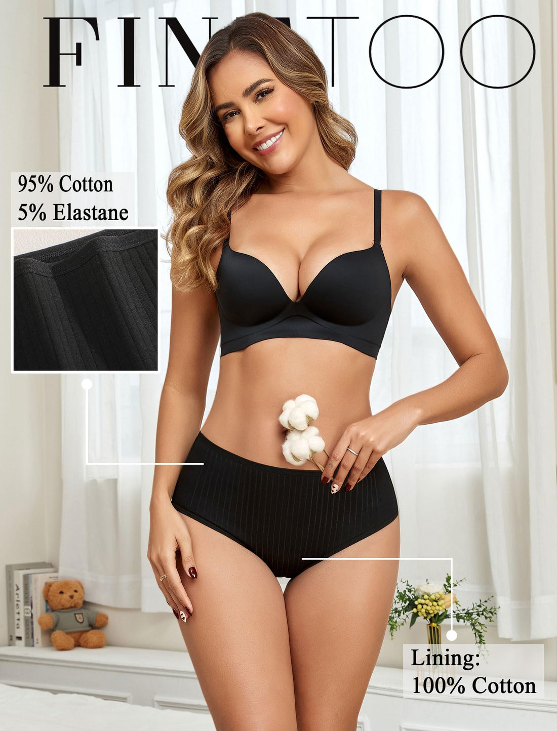 FINETOO Cotton Underwear Women High Waisted Ribbed Breathable Briefs 6 Pack