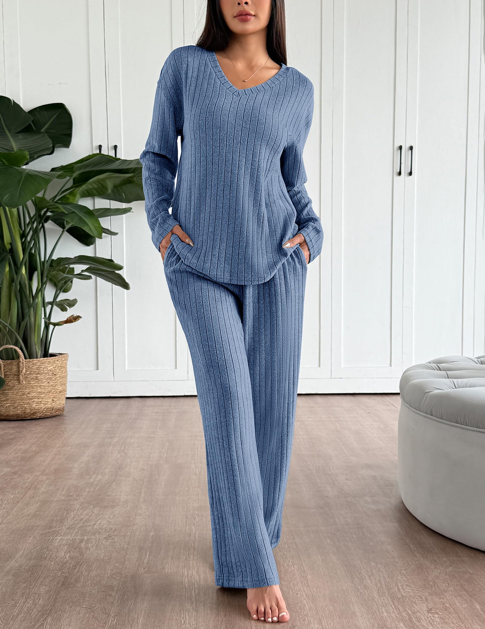 Ekouaer Lounge Sets for Women Long Sleeve Knit Ribbed Pajama Sets 2 Piece Casual Loungewear with Pockets
