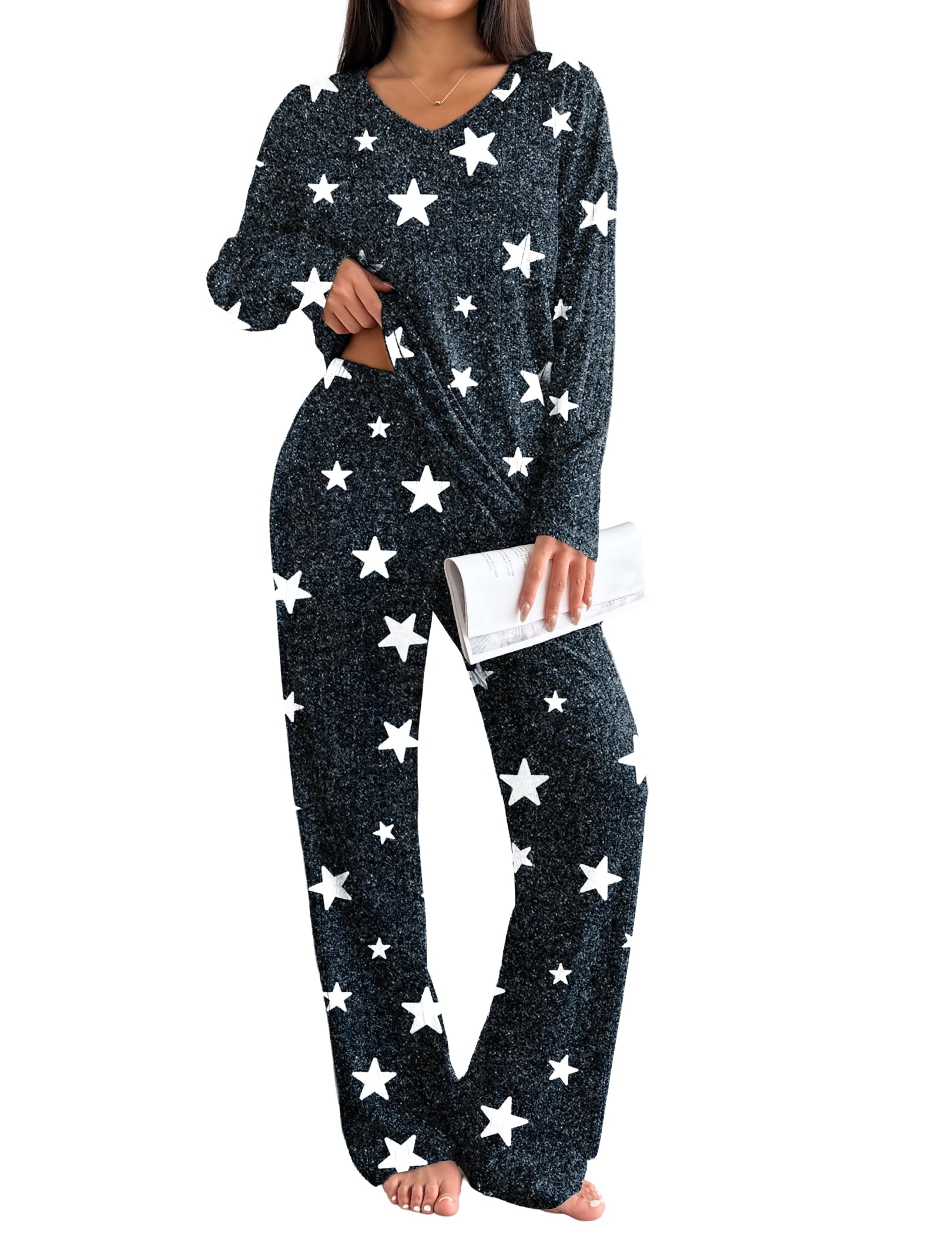 Ekouaer Lounge Sets for Women Long Sleeve Knit Ribbed Pajama Sets 2 Piece Casual Loungewear with Pockets
