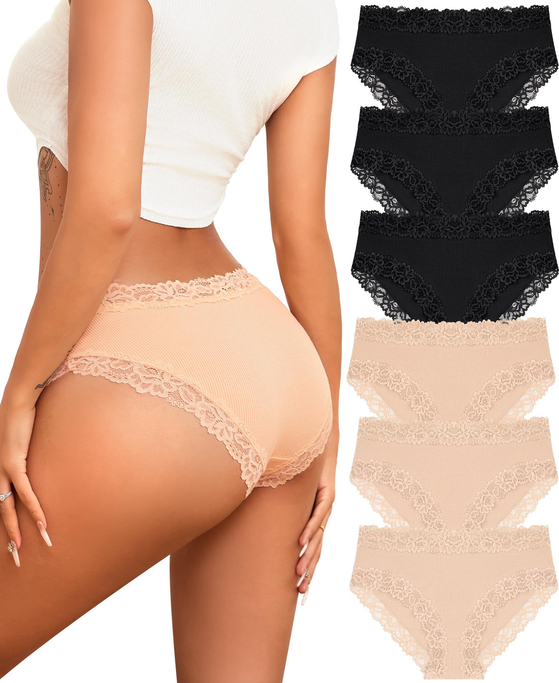 Knowyou Cotton Underwear for Women No Roll Soft Panties No Dig Lace Waist Hipster Breathable Cheeky Lingerie for Women