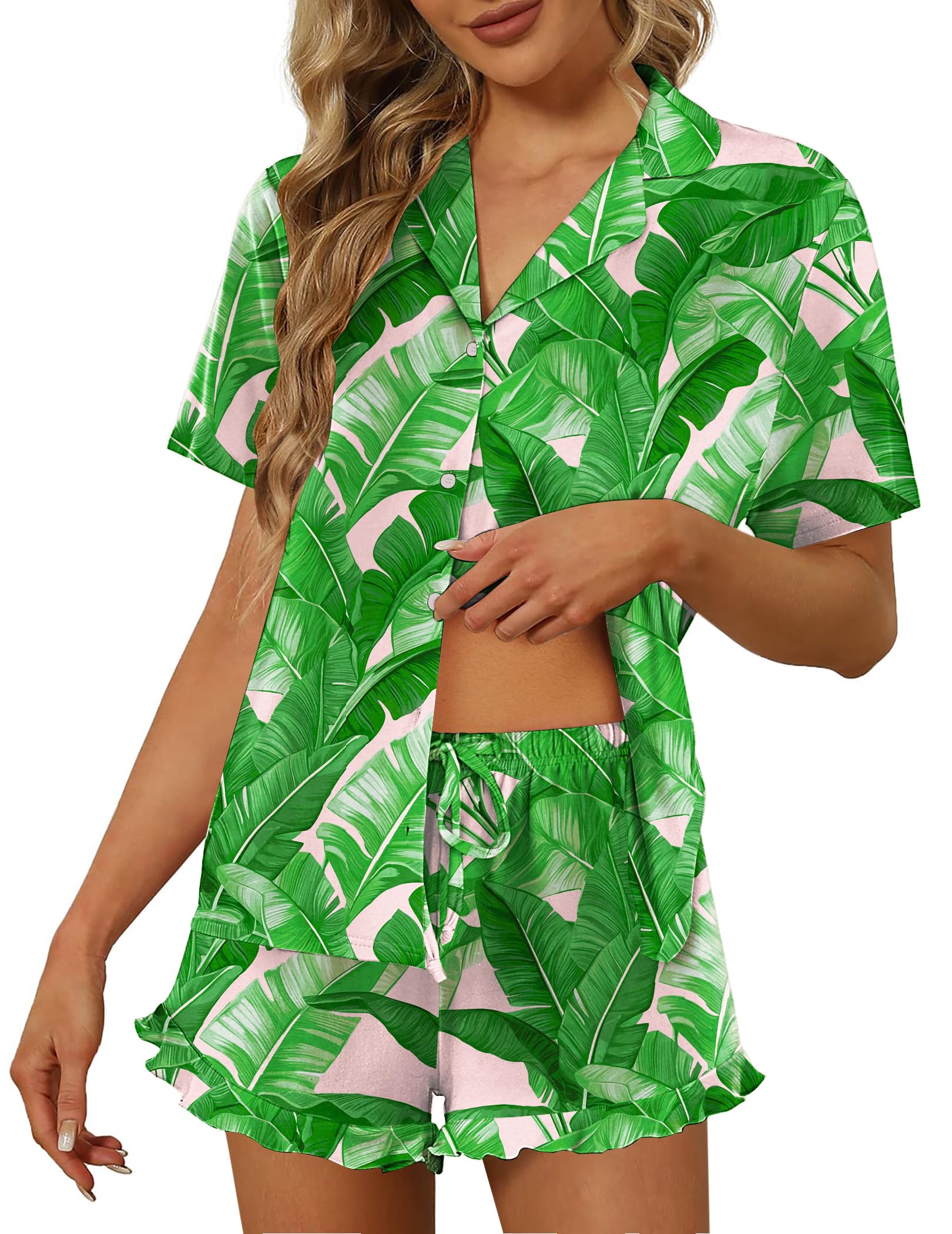 Ekouaer Pajamas Set for Women Short Sleeve Sleepwear Button Down Ruffle Pjs