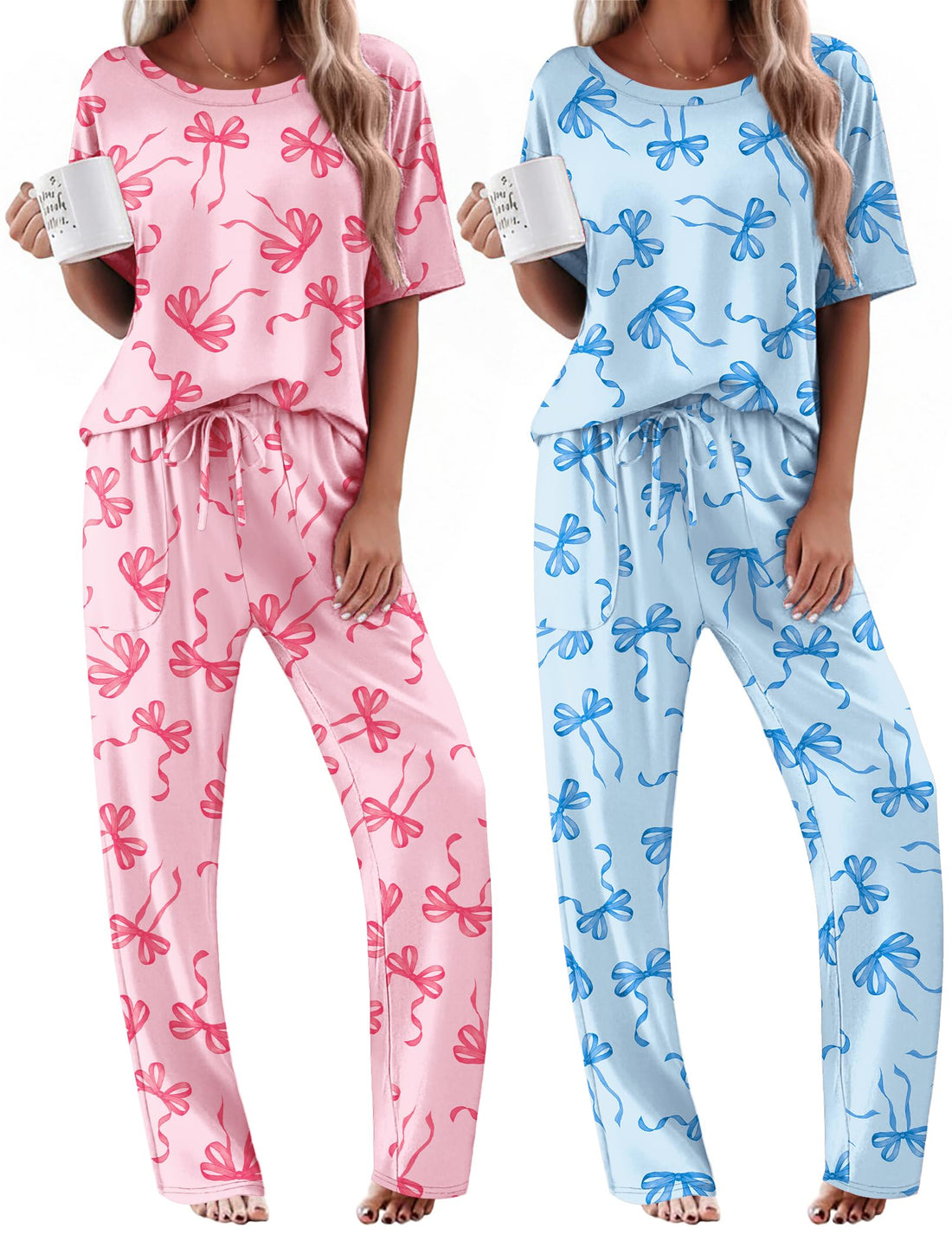 Ekouaer 2 Pack Womens Pajamas Sets Short Sleeve Long Pants Pjs Lounge Set