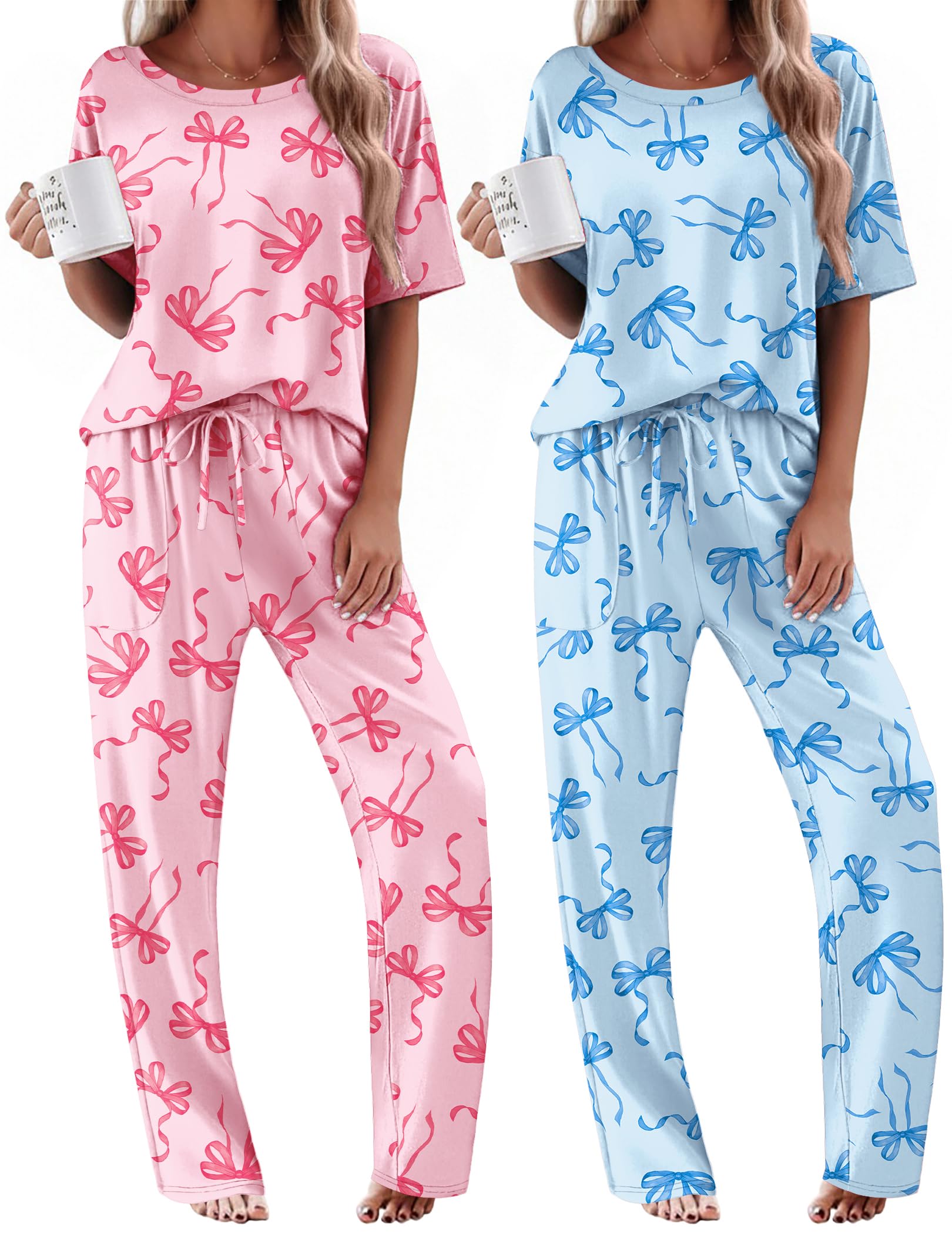 Ekouaer 2 Pack Womens Pajamas Sets Short Sleeve Long Pants Pjs Lounge Set