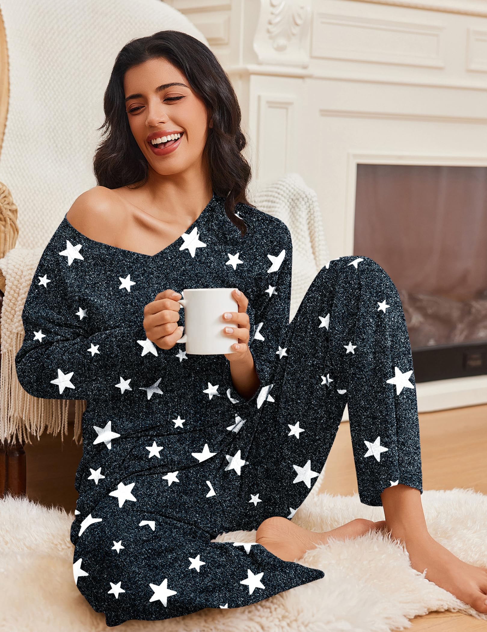 Ekouaer Lounge Sets for Women Long Sleeve Knit Ribbed Pajama Sets 2 Piece Casual Loungewear with Pockets