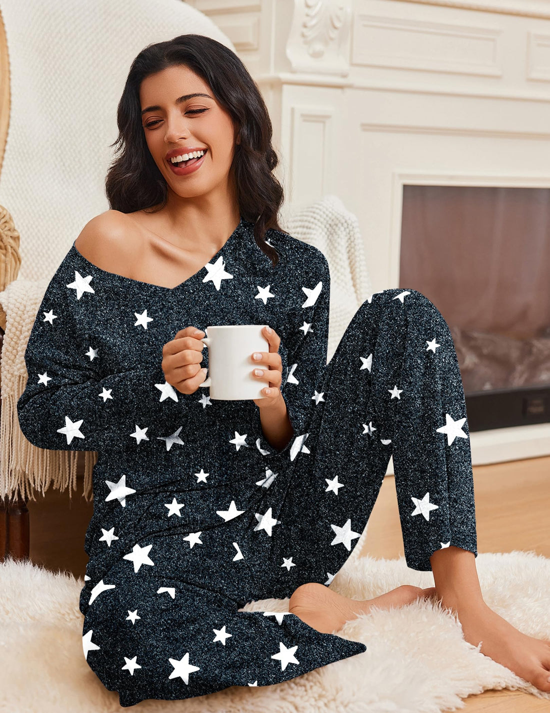 Ekouaer Lounge Sets for Women Long Sleeve Knit Ribbed Pajama Sets 2 Piece Casual Loungewear with Pockets