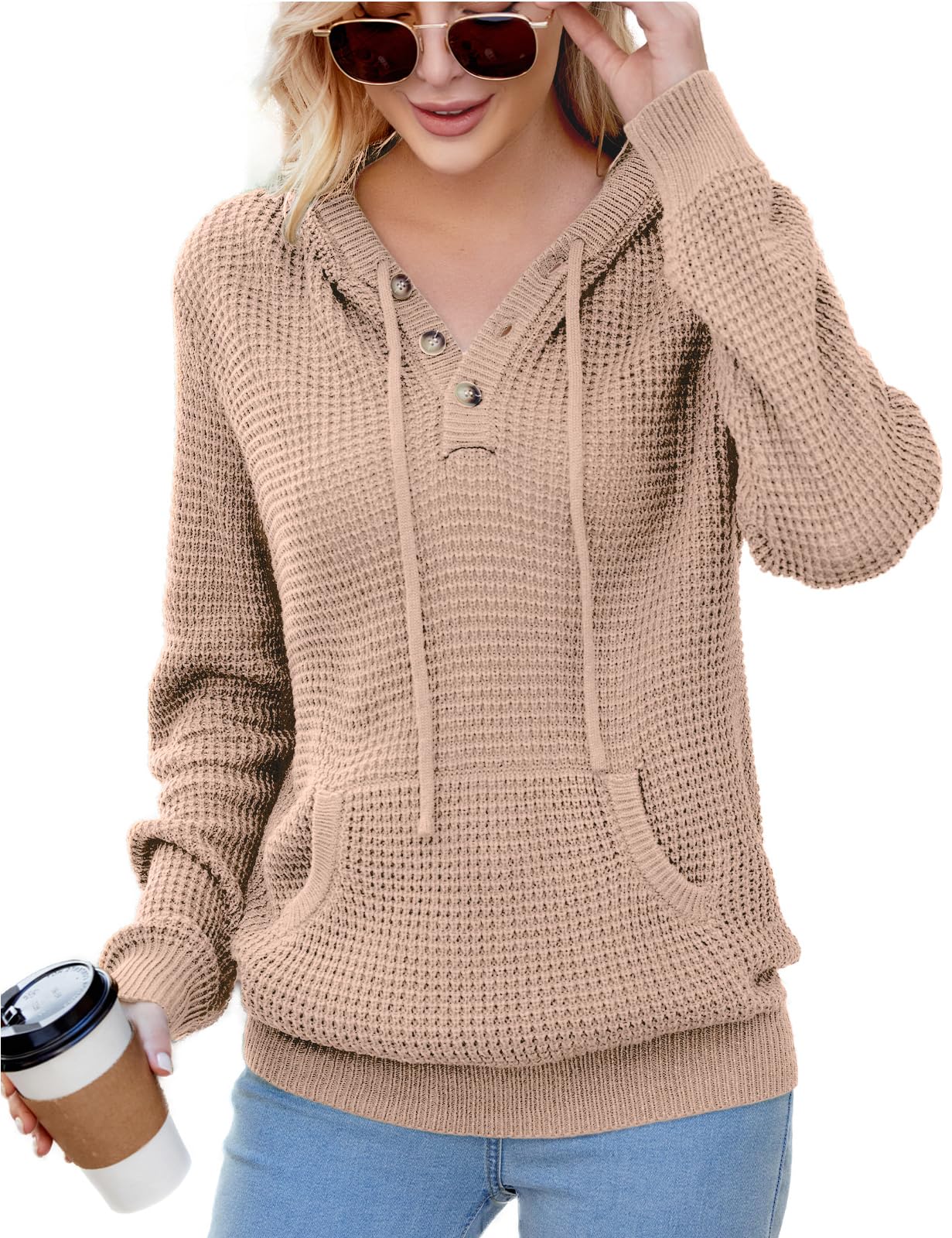 CiCiBird Women's Fall Hoodies Sweater V Neck Waffle Knit Top with Pocket | Loose Fit, V Neck Button, Adjustable Drawstring, Long Sleeve, Kangaroo Pocket, Weekend Errands, Daily Wear, Work Casual