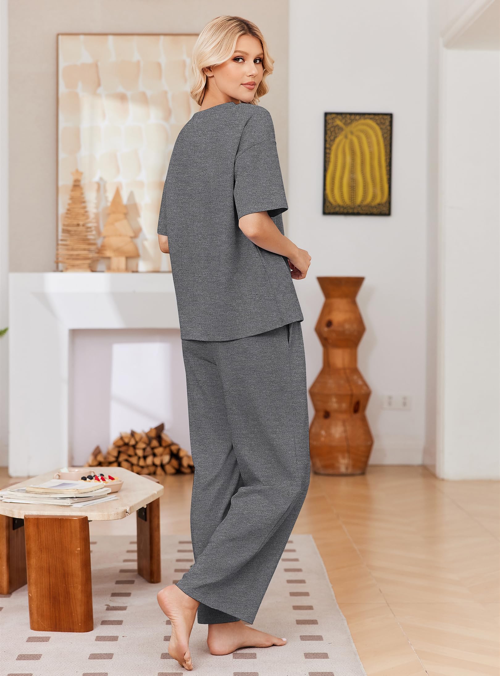 Ekouaer Womens Pajama Sets Cotton Short Sleeve Long Pants Lounge Set