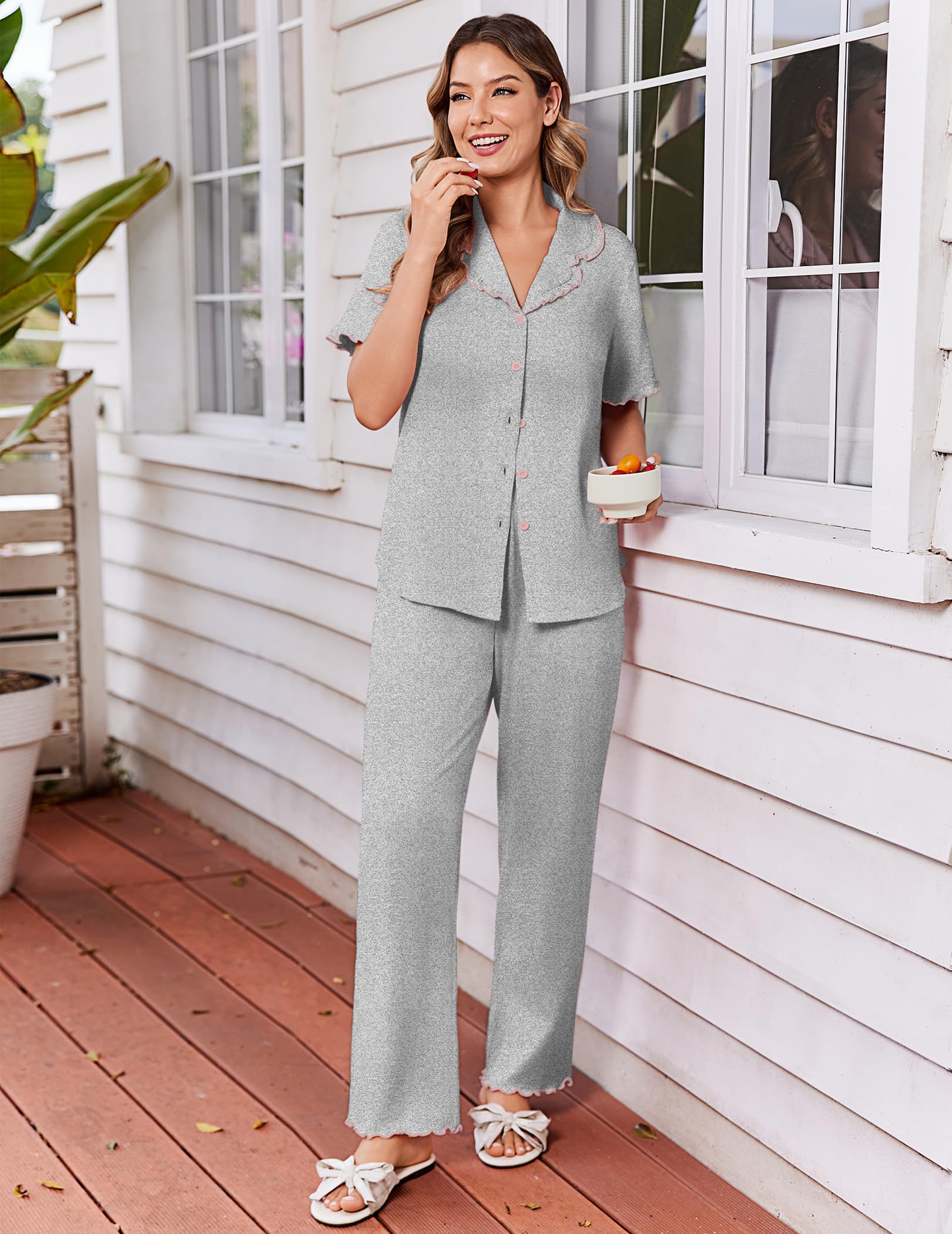 Ekouaer Womens Pajama Sets Short Sleeve Printed PJs Button Down Sleepwear