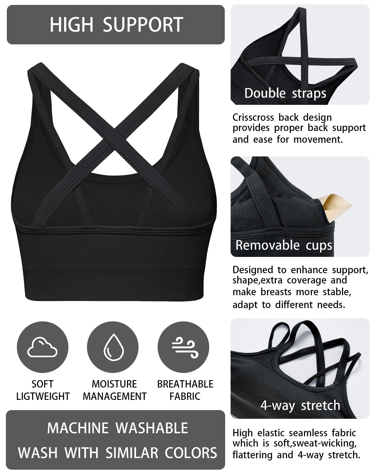 Sports Bras for Women HIigh Support, Criss-Cross Back Padded Strappy High Impact Sports Bras for Women Large Bust
