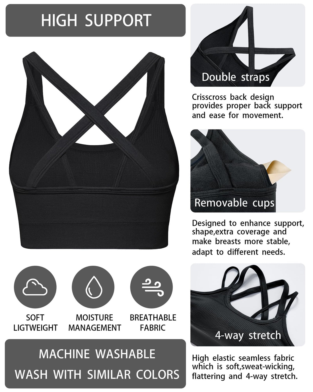 Sports Bras for Women HIigh Support, Criss-Cross Back Padded Strappy High Impact Sports Bras for Women Large Bust