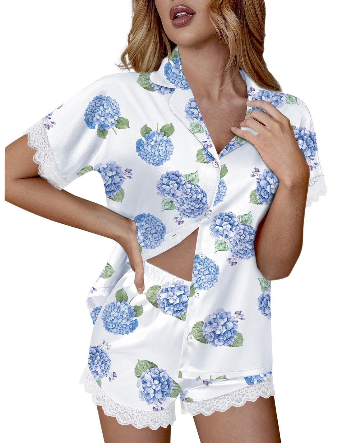 Ekouaer Women Lace Satin Pajama Set Button Down Silk Pjs Shorts Set XS-XXL