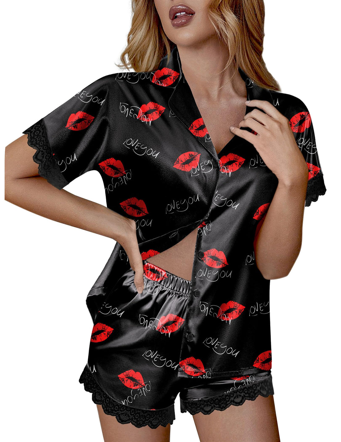 Ekouaer Women Lace Satin Pajama Set Button Down Silk Pjs Shorts Set XS-XXL
