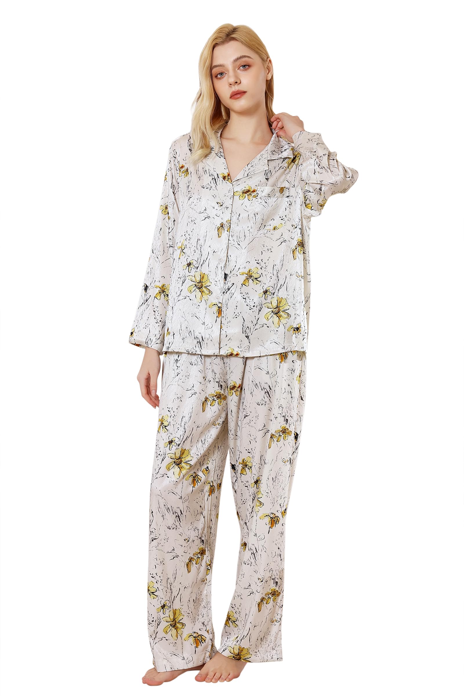 YiNi LuLu Womens Silk Satin Pajamas Set Button Down 2 Piece Pjs Long Sleeve Oversized Sleepwear with Pockets