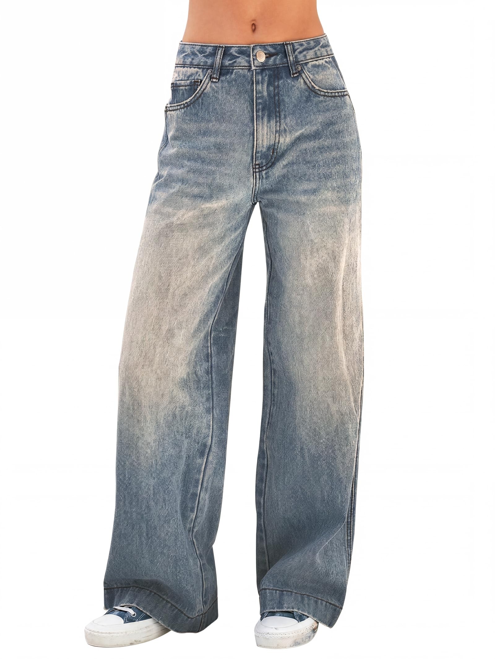 EMMIOL Women's 2026 Wide Leg Jeans Distress High Waist Stretchy Baggy Denim Pants Trousers Clothing