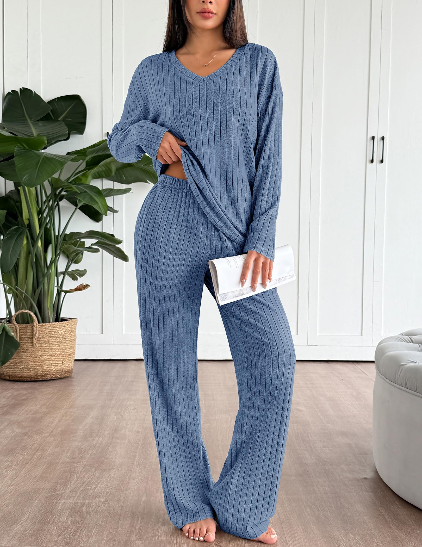 Ekouaer Lounge Sets for Women Long Sleeve Knit Ribbed Pajama Sets 2 Piece Casual Loungewear with Pockets