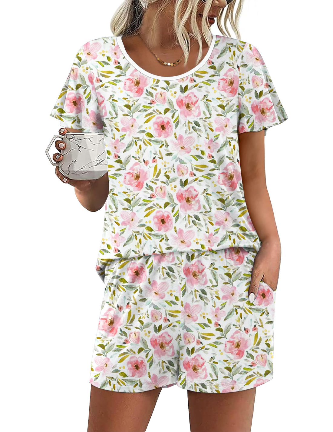 Ekouaer Womens Pajama Set Summer Short Sleeve Pjs Sleepwear Cute 2 Piece Lounge Sets S-XXL