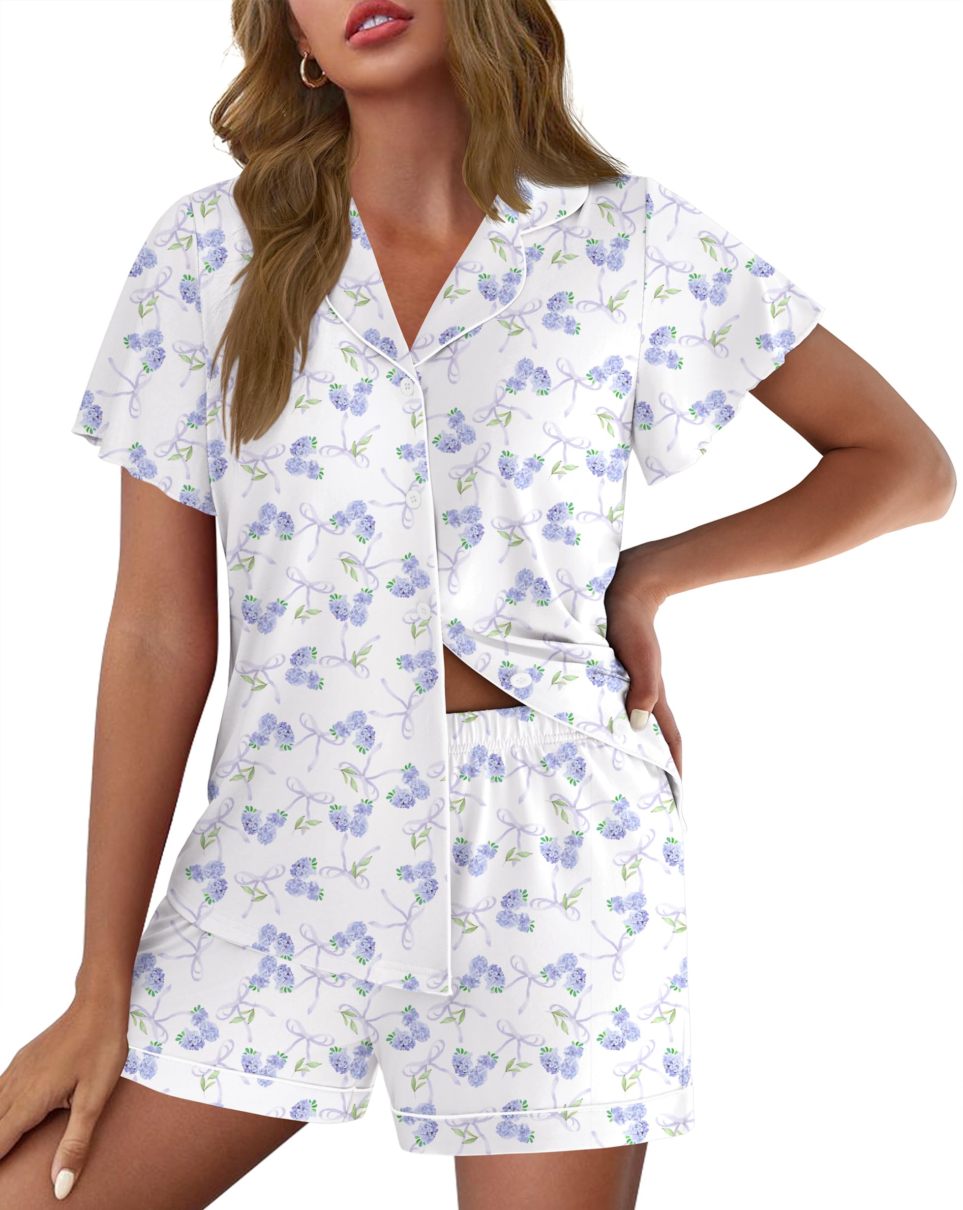 Ekouaer Pajamas for Women Set Button Up Bridal Pjs Ruffle Sleeve