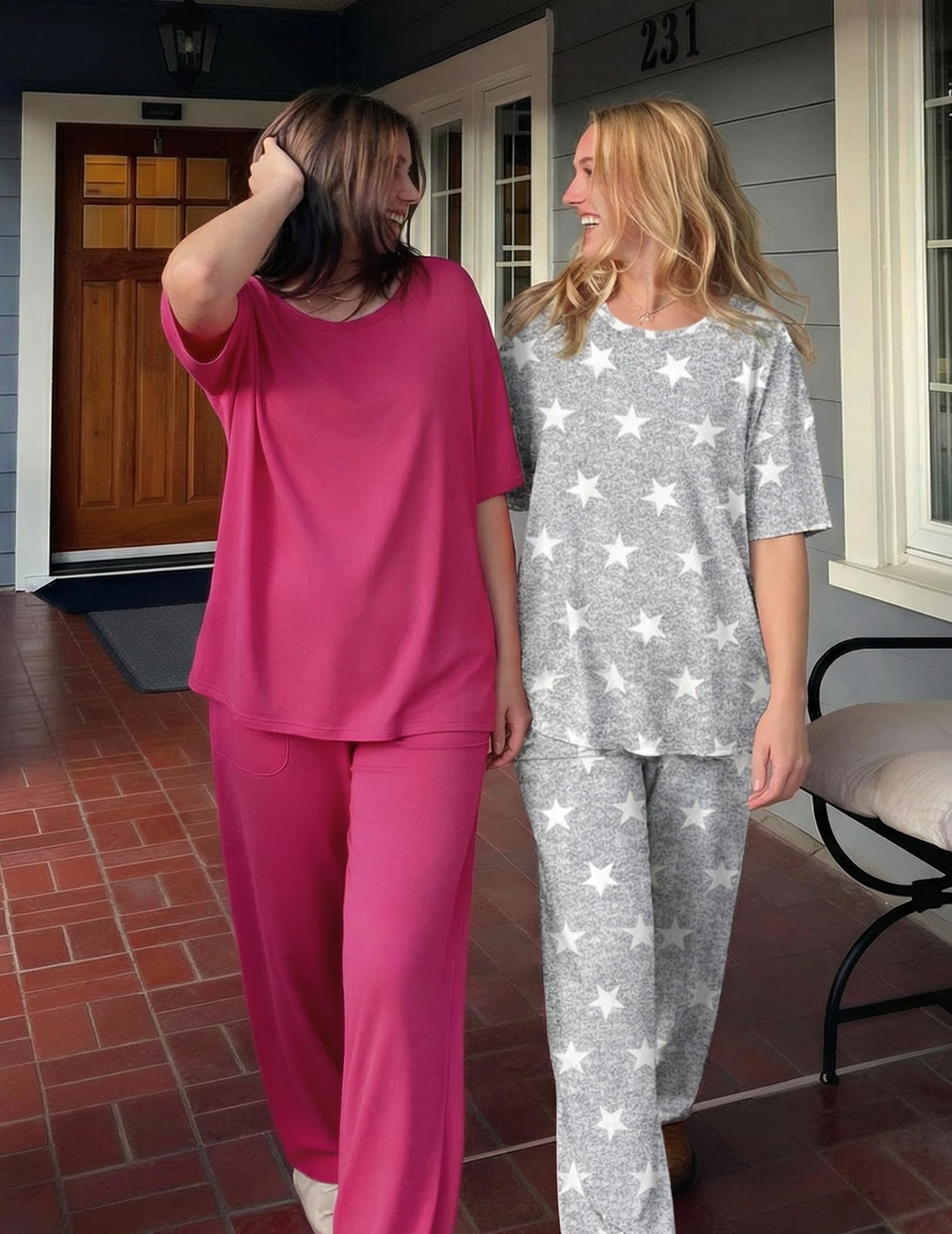 Ekouaer 2 Pack Womens Pajamas Sets Short Sleeve Long Pants Pjs Lounge Set