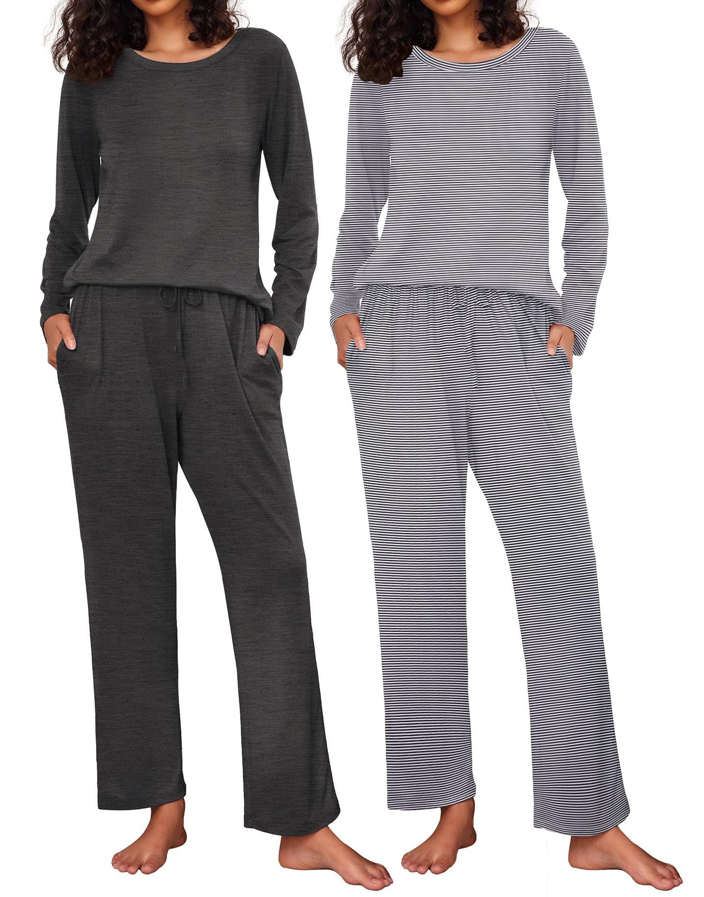 Ekouaer Women's 2 Pack Pajama Sets Long Sleeve Lounge Set Soft Comfy Pjs