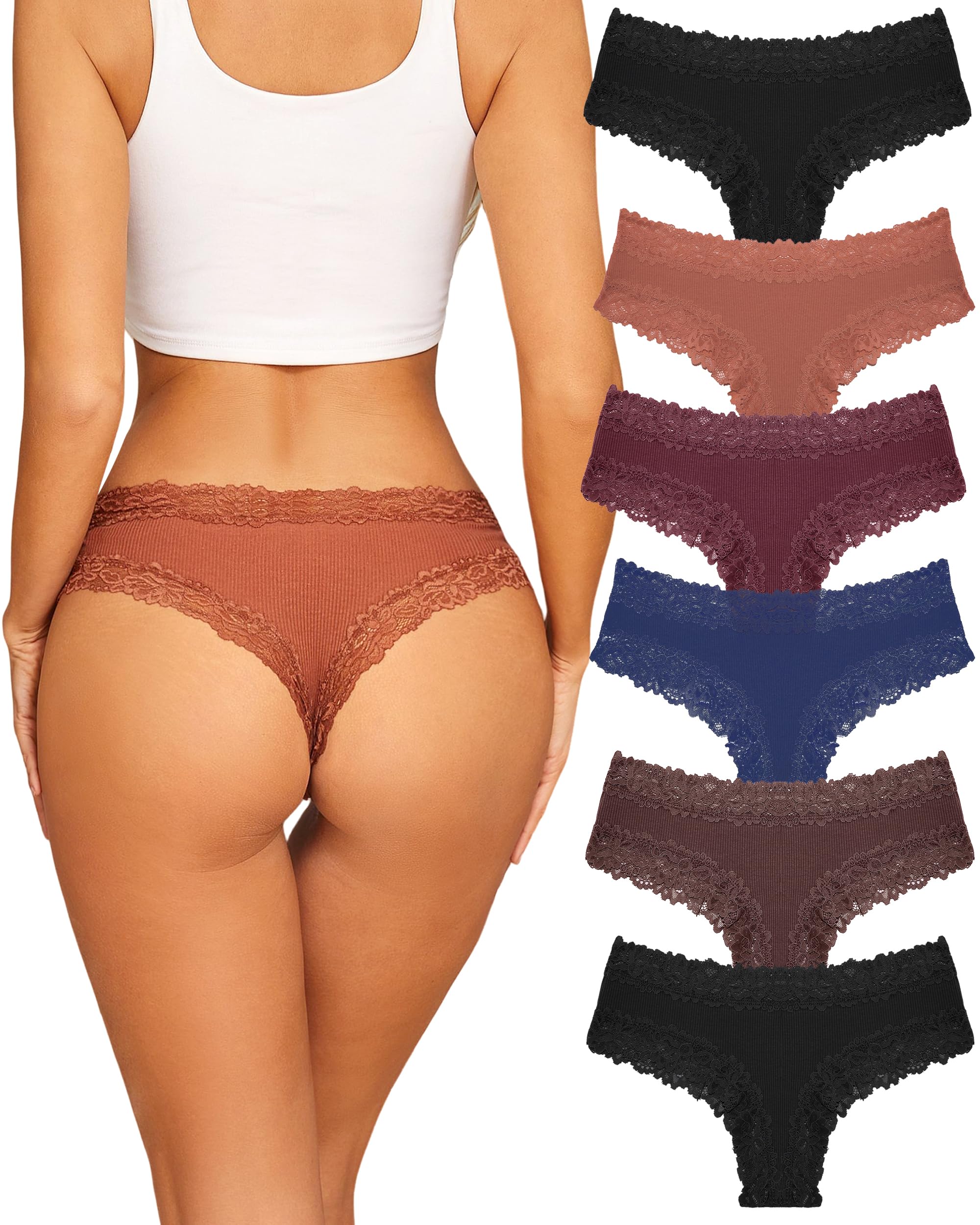 Sth Big Womens Cotton Underwear Sexy Lace Brazilian Panties Soft Breathable Cotton Bikini for Ladies 6 Pack