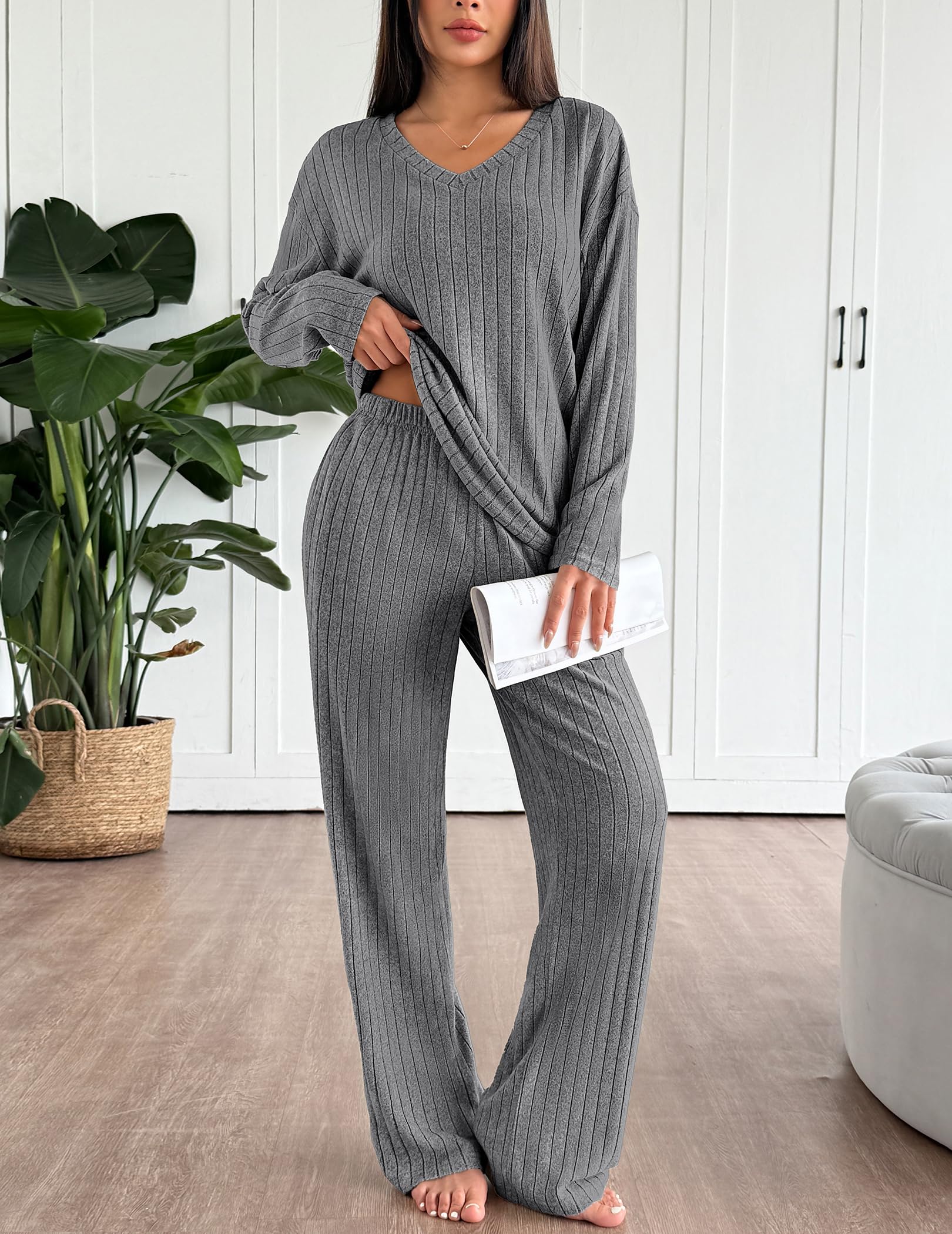 Ekouaer Lounge Sets for Women Long Sleeve Knit Ribbed Pajama Sets 2 Piece Casual Loungewear with Pockets
