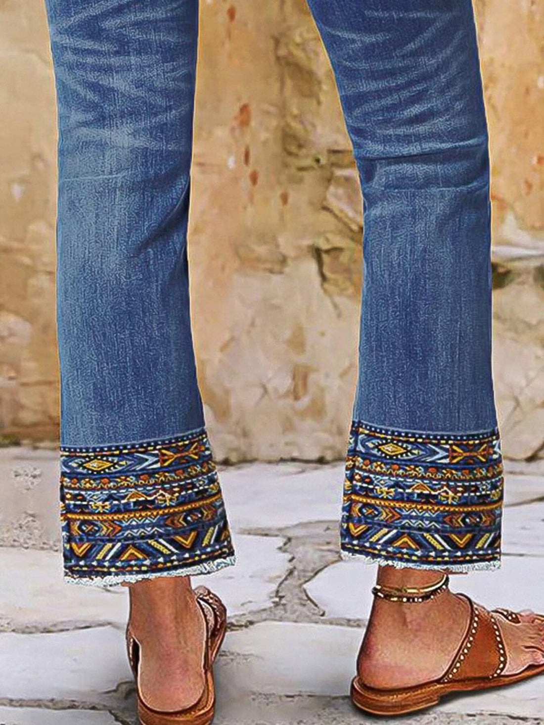 Flamingals Straight Leg Cropped Jeans for Women Trendy Mid Rise Stretchy Tribal Embroidery Raw Hem Ankle Jeans