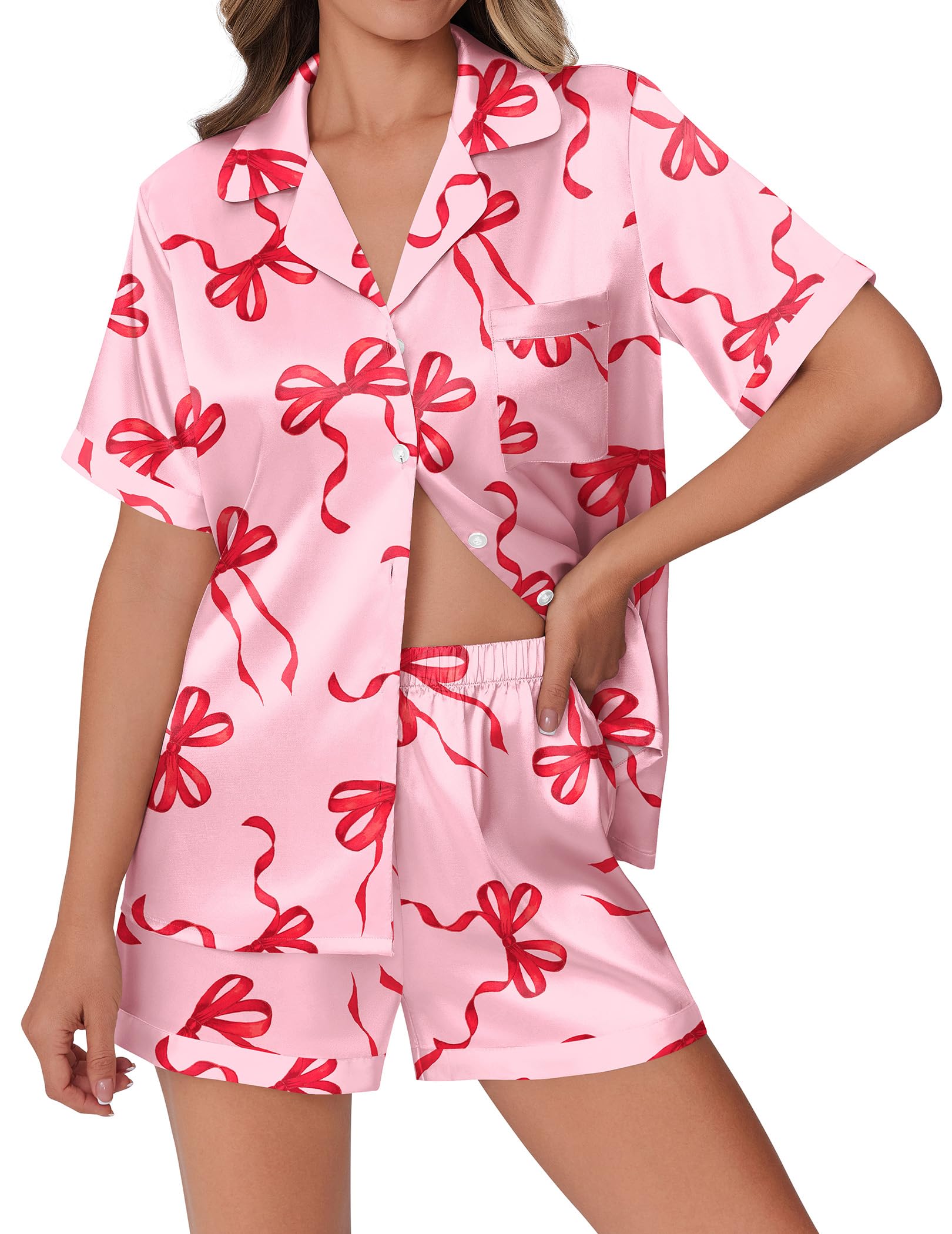 Ekouaer Womens Silky Satin Pajamas Set Short Sleeve Colorful Print Pjs