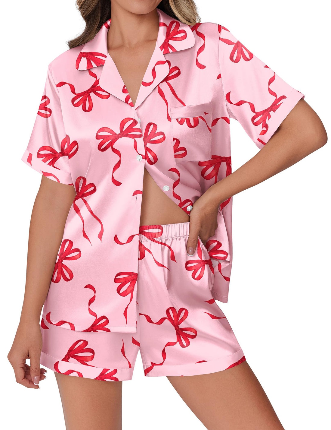 Ekouaer Womens Silky Satin Pajamas Set Short Sleeve Colorful Print Pjs