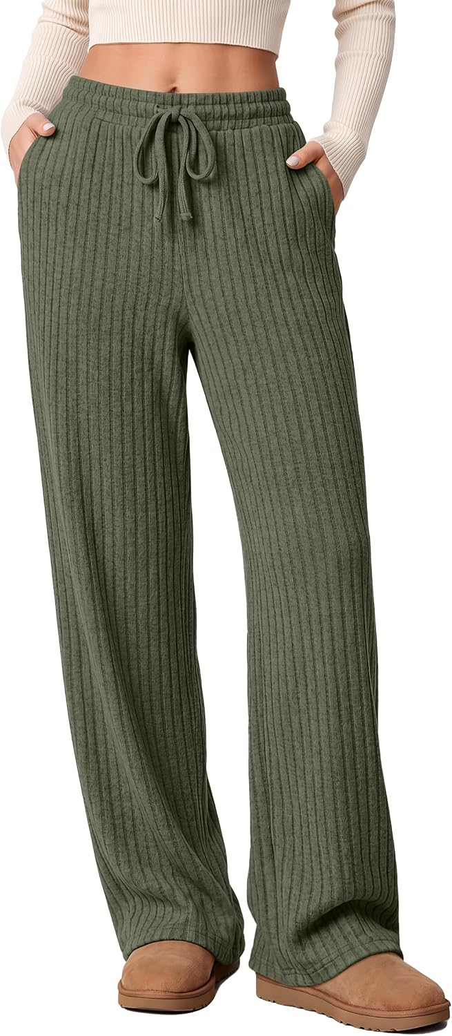 ANRABESS Women Ribbed Knit Wide Leg Lounge Pajama Pants with Pockets