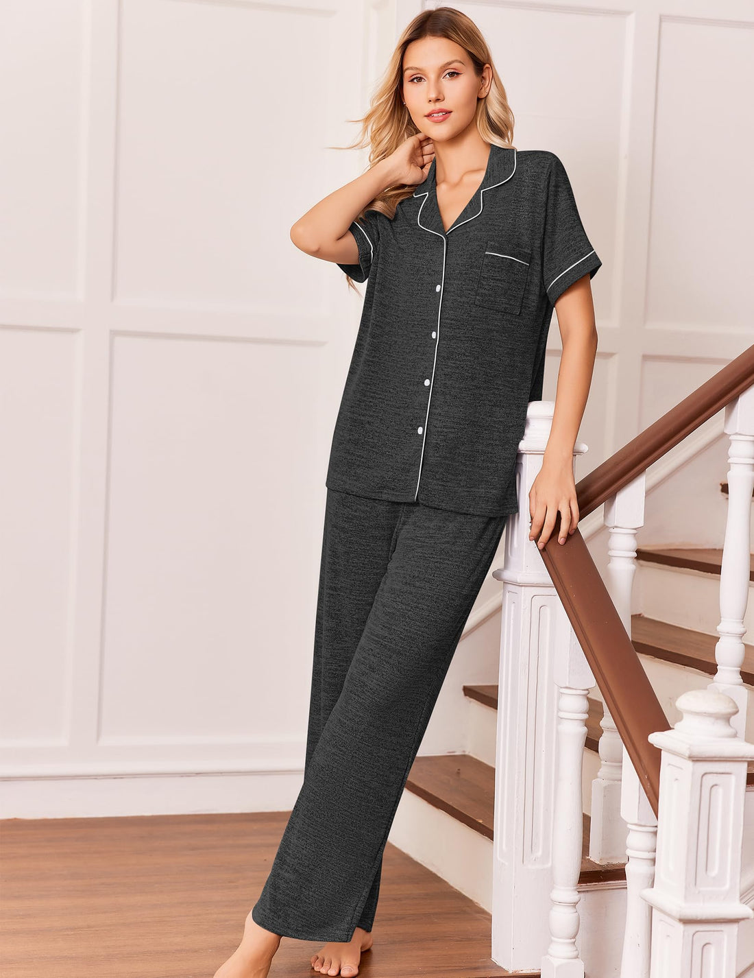 Ekouaer Pajamas for Women Set Short Sleeve Long Pants 2 Piece Lounge Set