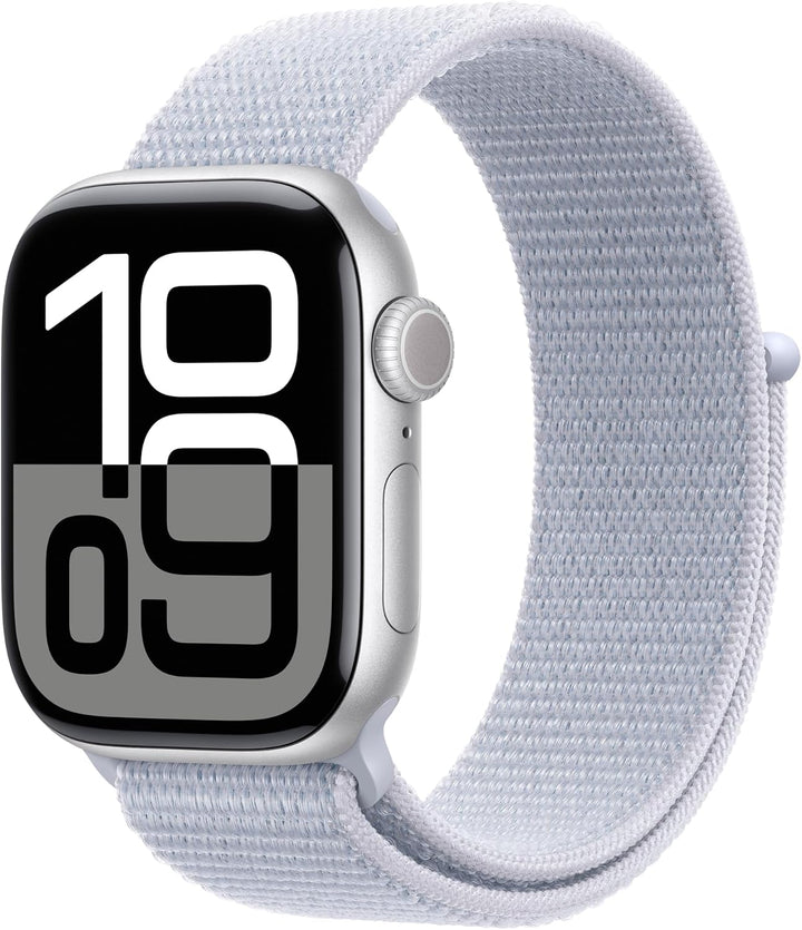 Apple Watch Series 10 [GPS 42mm case] Smartwatch with Silver Aluminum Case with Blue Cloud Sport Loop. Fitness Tracker, ECG App, Always-On Retina Display, Carbon Neutral
