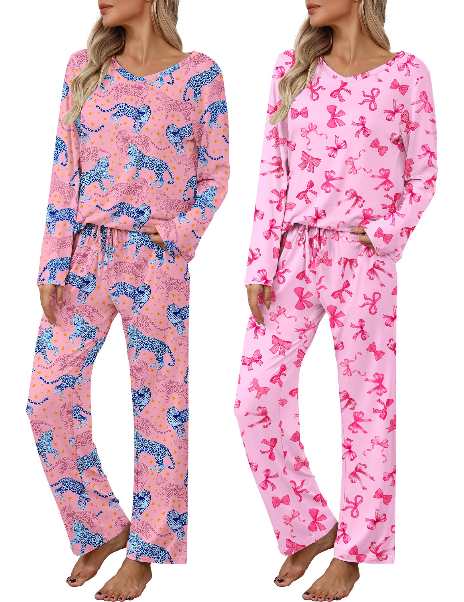 2 Pack: Women's Long Sleeve Pajama Sets - V Neck Top and Pants Lounge sets