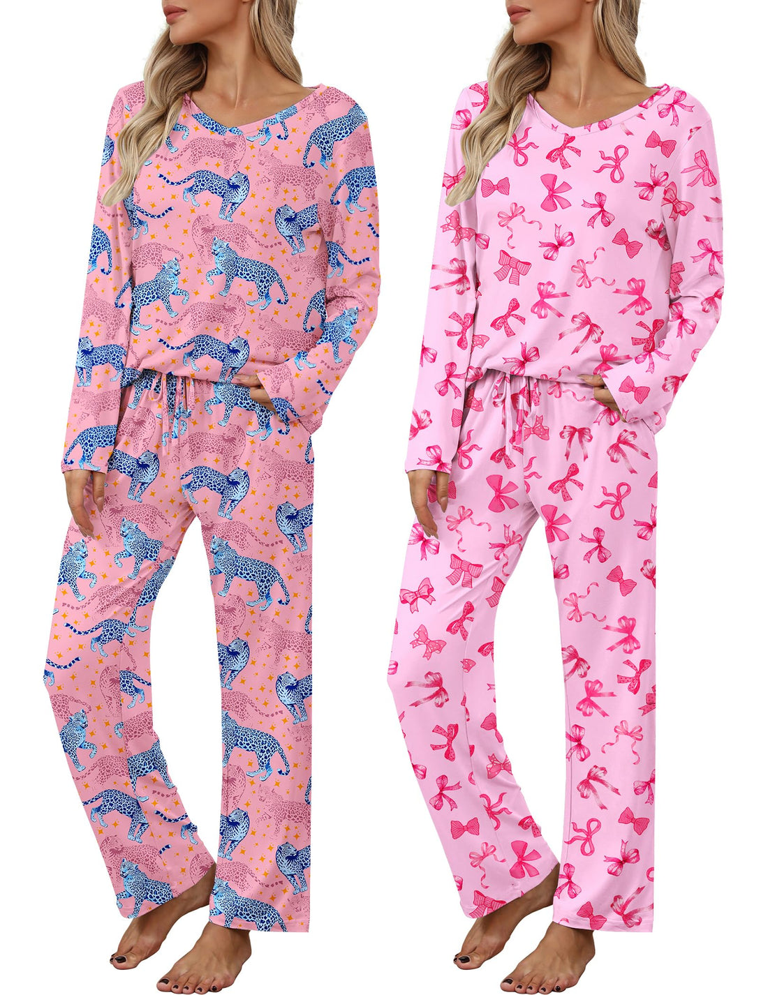 2 Pack: Women's Long Sleeve Pajama Sets - V Neck Top and Pants Lounge sets