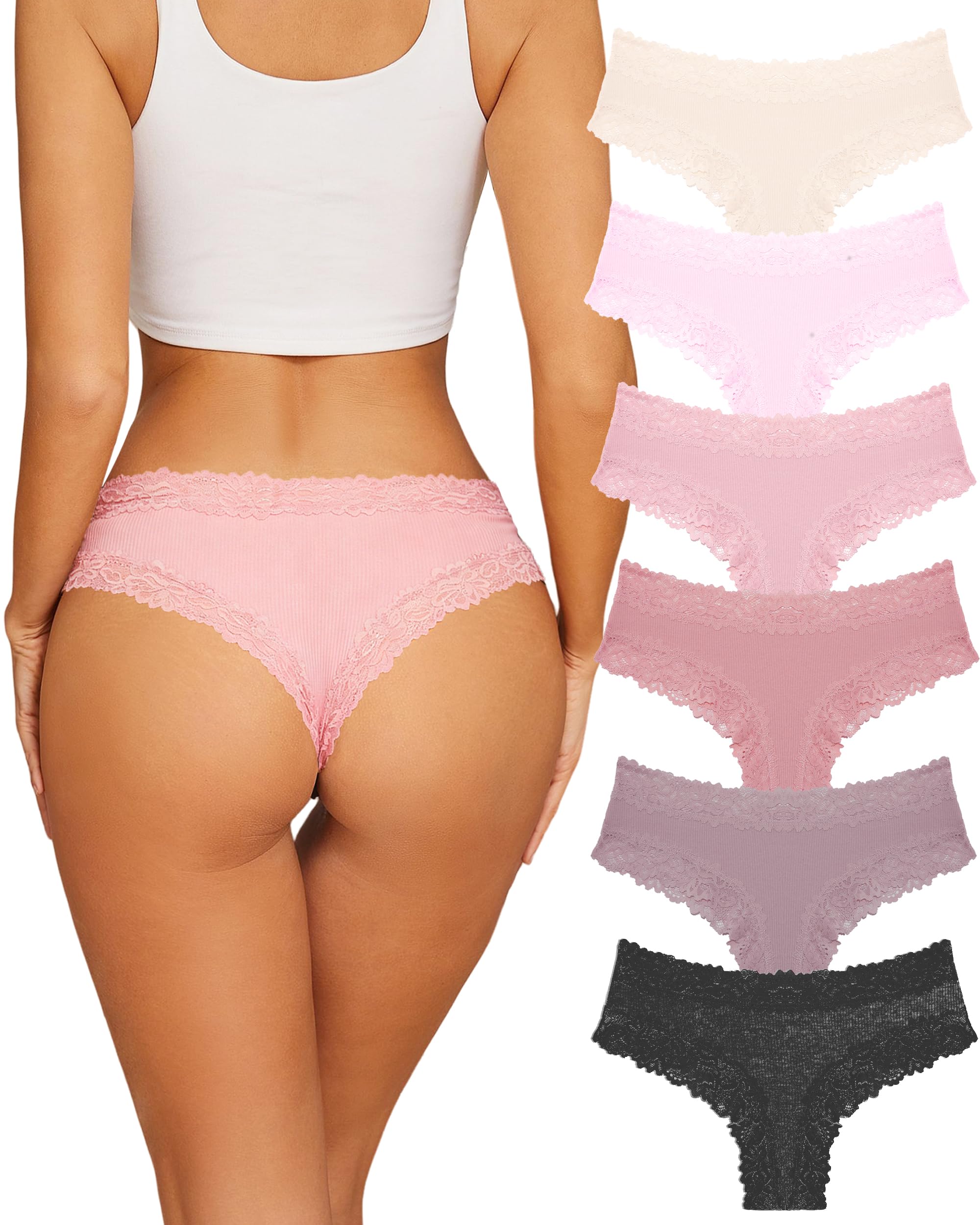 Sth Big Womens Cotton Underwear Sexy Lace Brazilian Panties Soft Breathable Cotton Bikini for Ladies 6 Pack