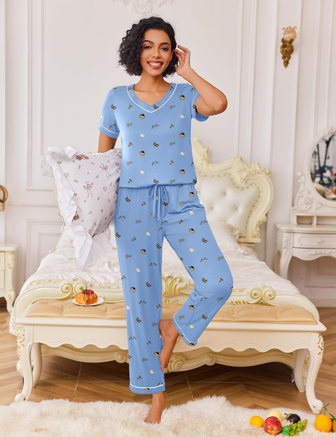 Ekouaer Pajamas for Women Set 2 Piece Lounge Set Soft Pajama Sets Short Sleeve and Pants Pj Sets Loose Sleepwear with Pockets