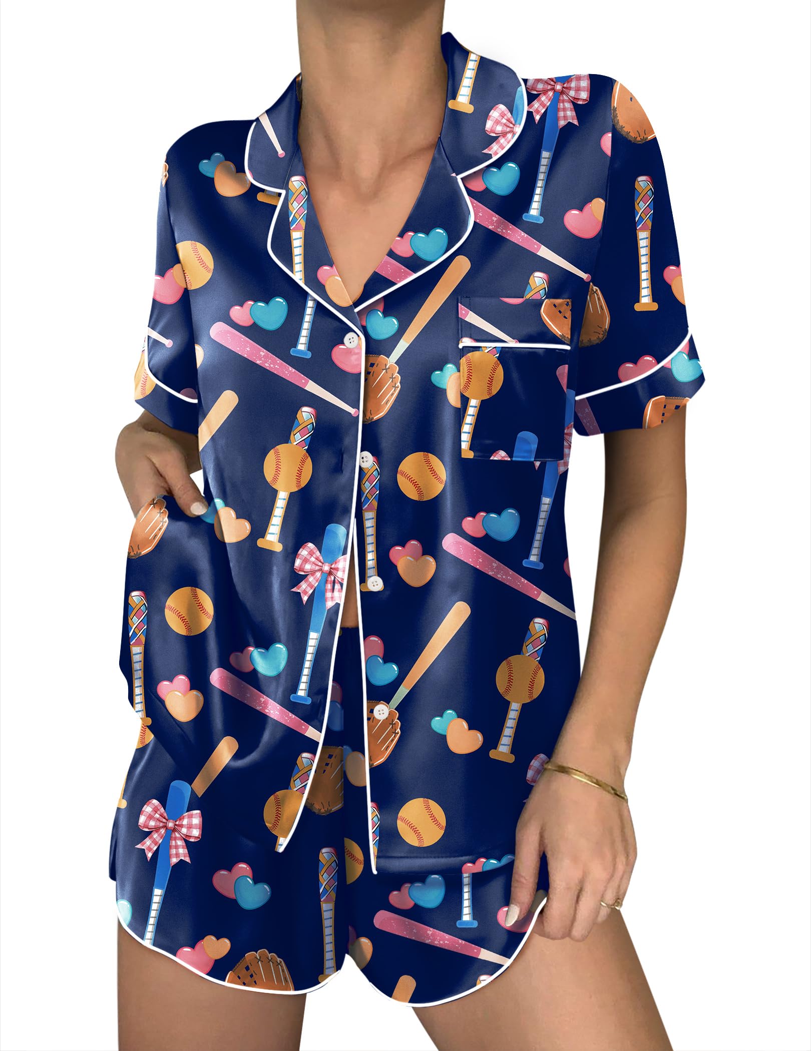 Ekouaer Women Satin Pajama Sets Cute Print Silk Pjs Shorts Sets S-4XL