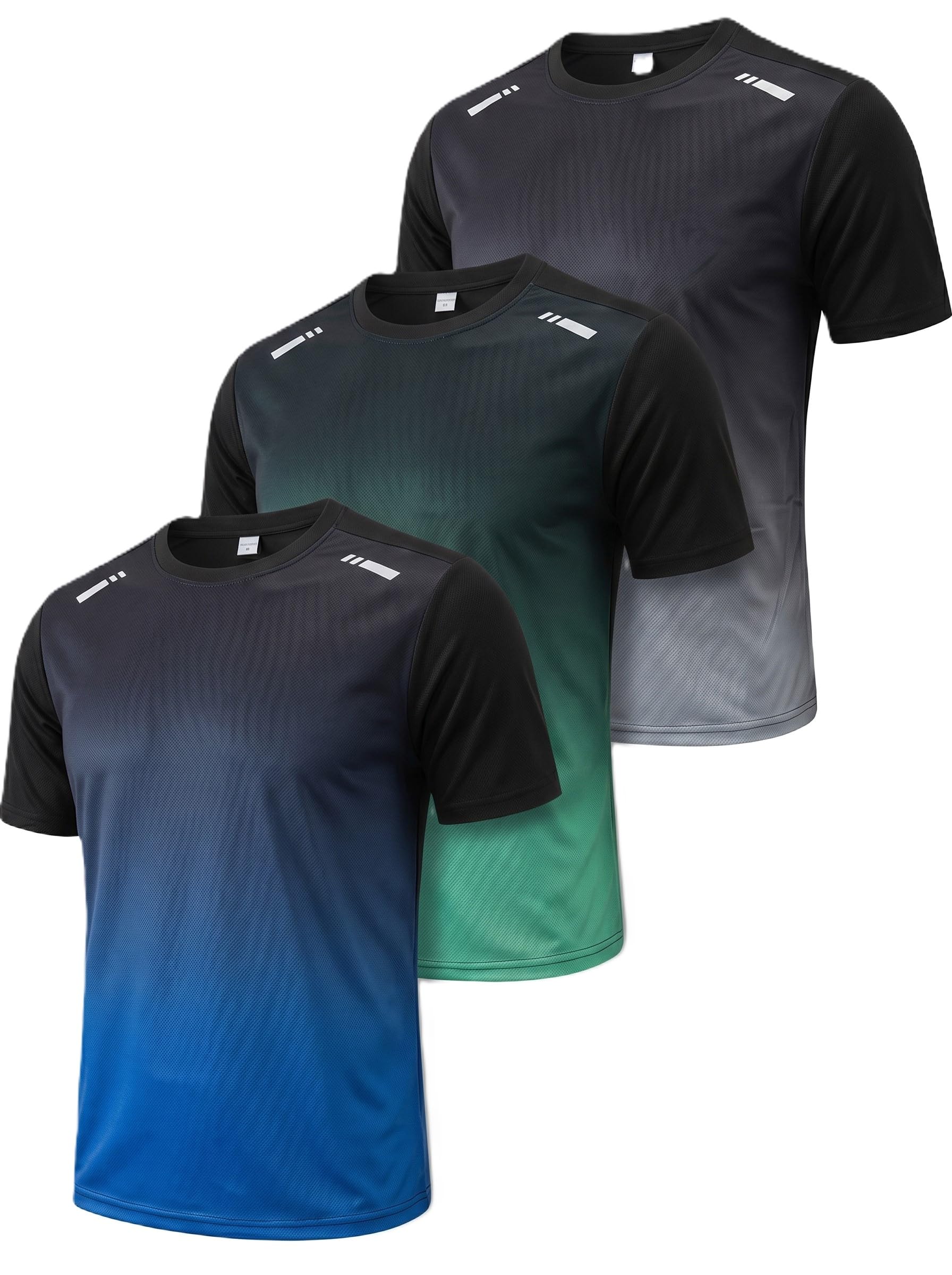 3 Pack Mens T-Shirts - Dry Fit Workout Shirts for Men, Gradient Athletic Short Sleeve Mesh Tees, Quick Dry Gym Tops