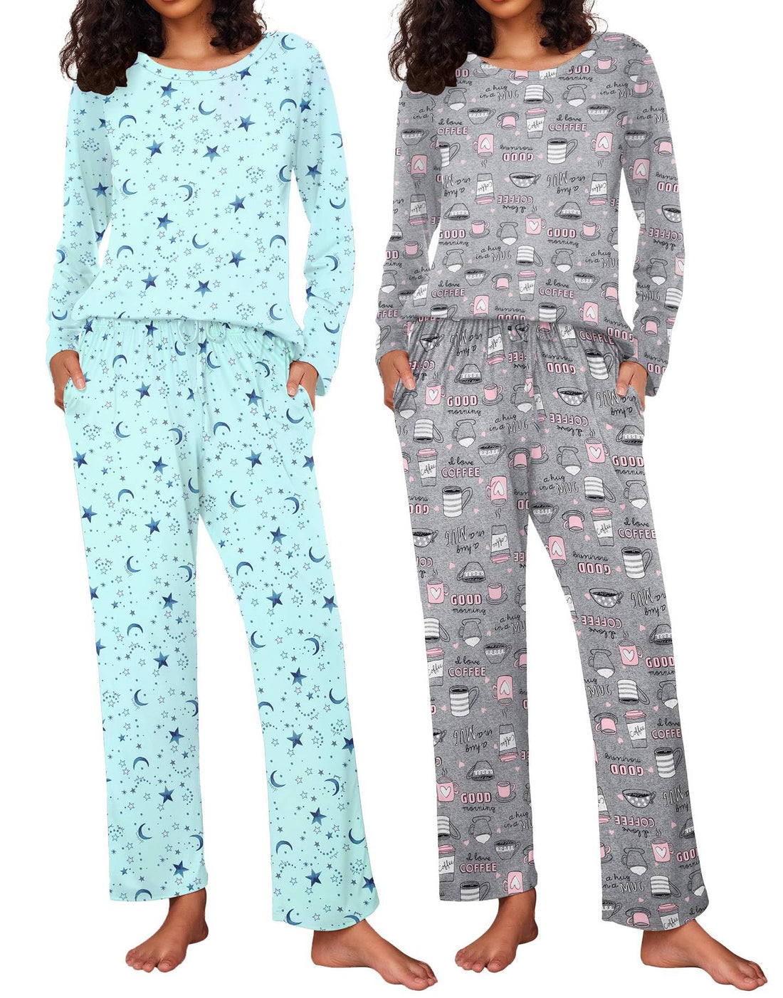 Ekouaer Women's 2 Pack Pajama Sets Long Sleeve Lounge Set Soft Comfy Pjs