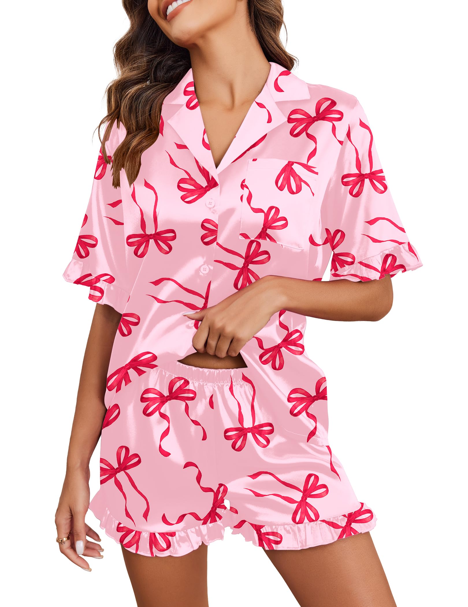 Ekouaer Satin Pajama Set for Women 2 Piece Pj Sets Short Sleeve Sleepwear