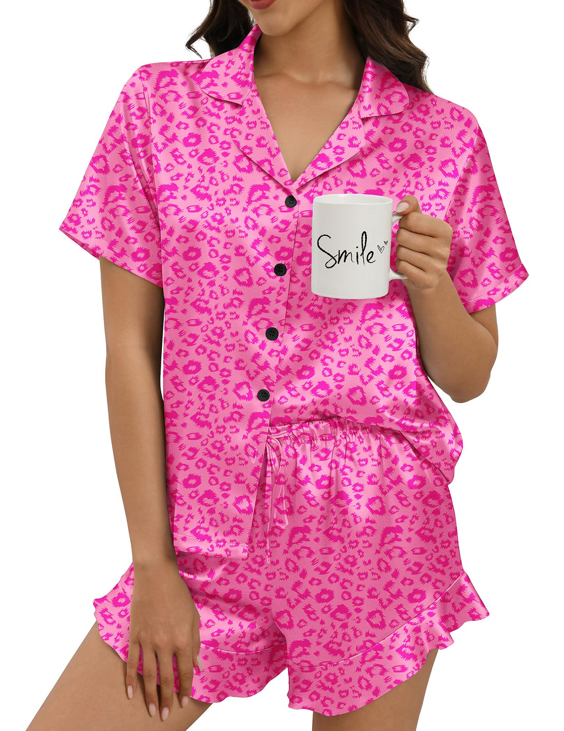 Silk Pajamas for Women Button Down 2 Piece Satin Pjs Shorts Set Ruffle Notch Collar Sleepwear Loungewear