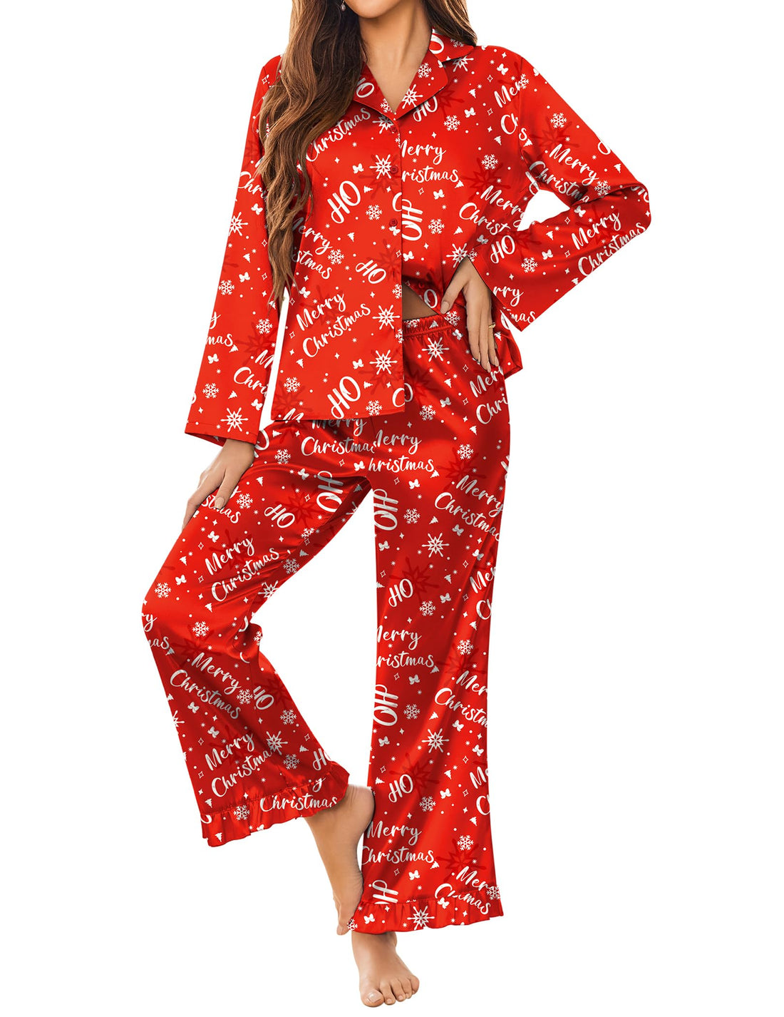 Ekouaer Satin Pajama Set for Women Long Button Down Silk Pj with Ruffle
