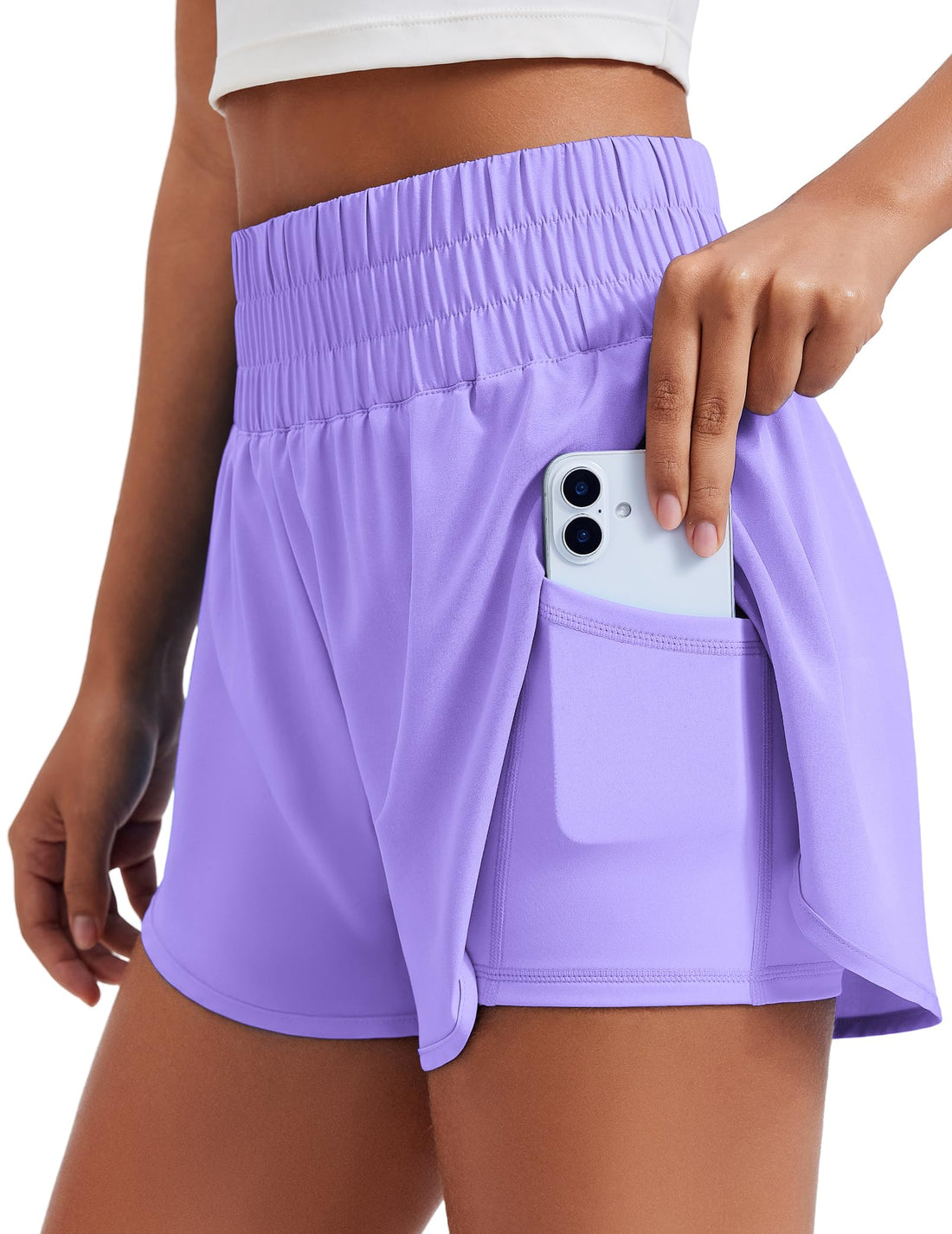 PINSPARK Women's 2 in 1 Running Shorts High-Split Athletic Short High Waisted 3" Liner Workout Gym Short with Pockets