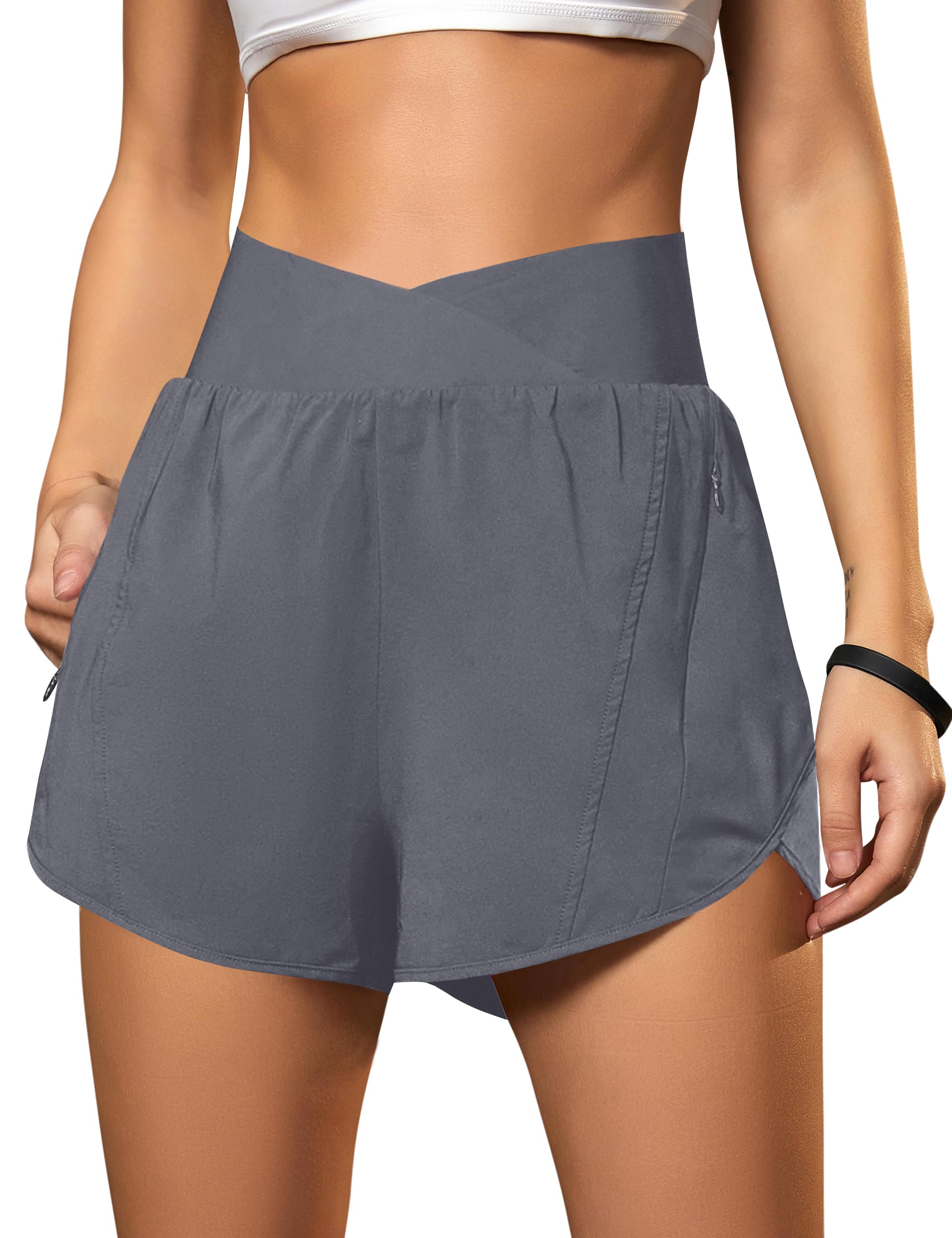 Blooming Jelly Women's Workout Shorts Athletic Running Shorts Crossover High Waisted Gym Shorts with Zipper Pockets