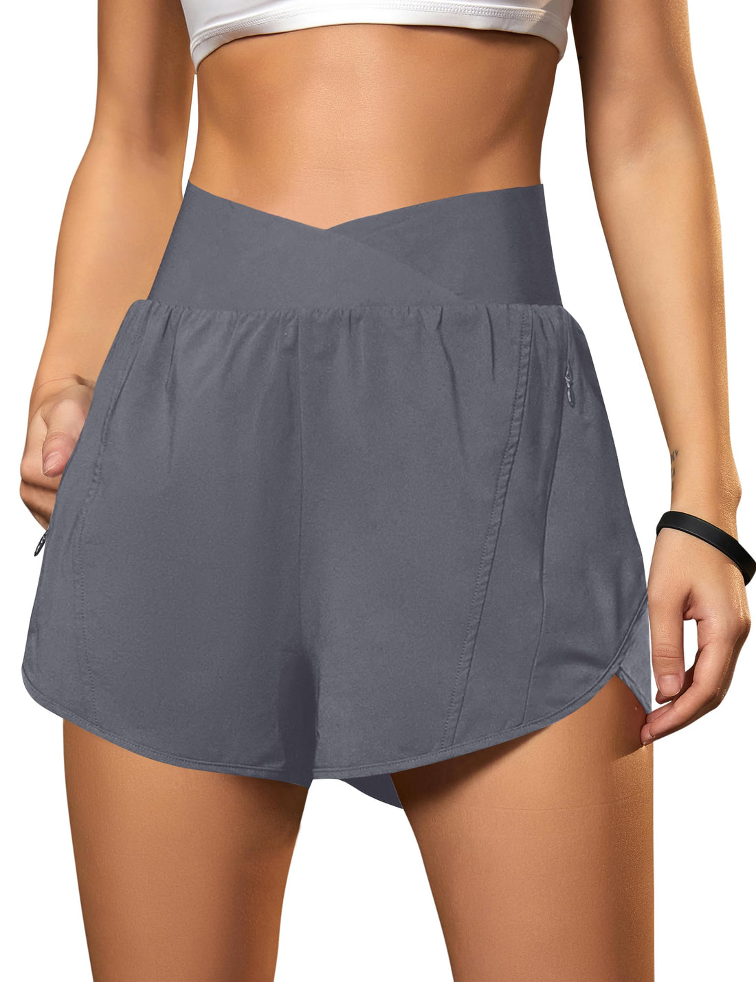 Blooming Jelly Women's Workout Shorts Athletic Running Shorts Crossover High Waisted Gym Shorts with Zipper Pockets