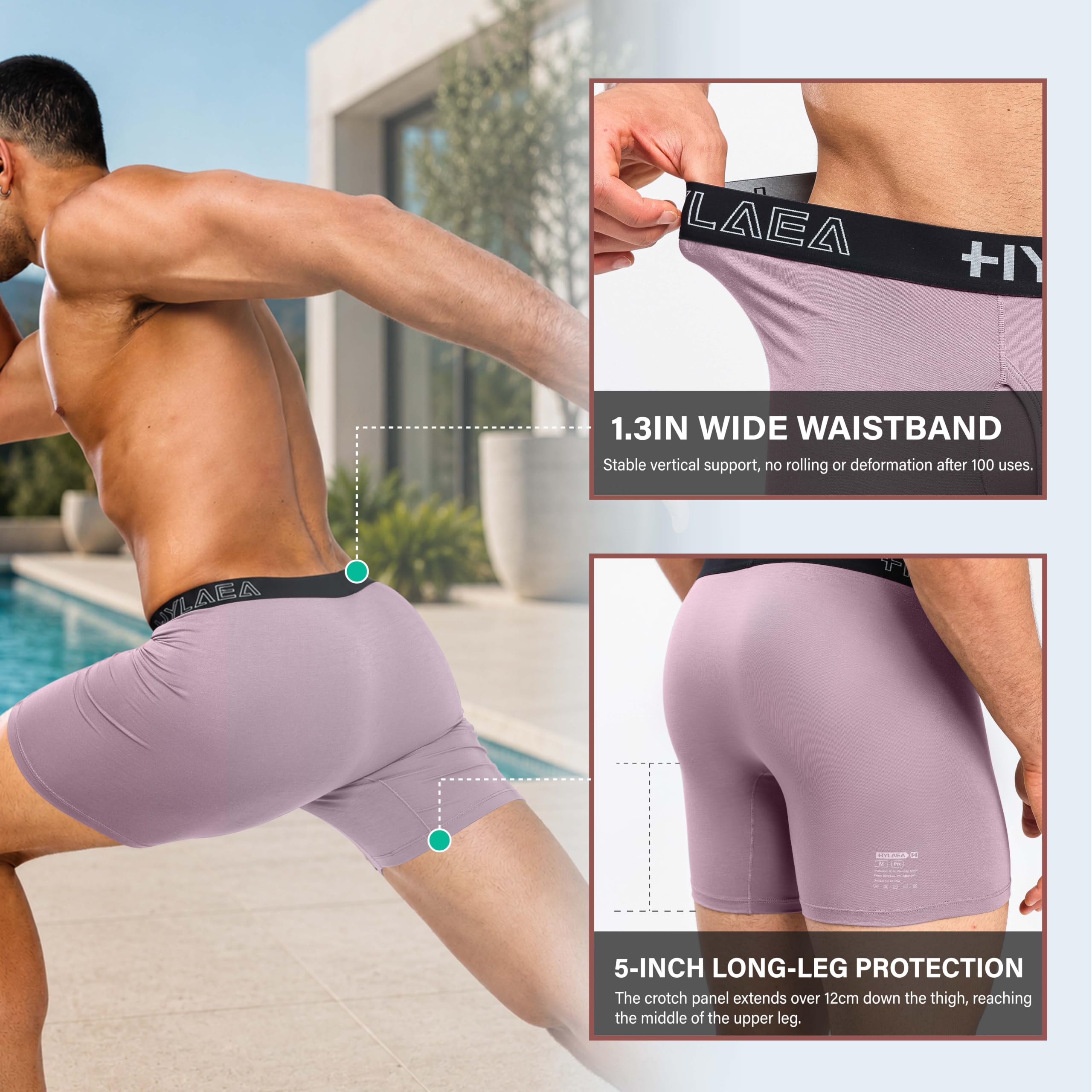Hylaea Mens Bamboo Boxer Briefs, Breathable Moisture-Wicking Underwear | No Ride Up | 3D Pouch Support | Quick Dry | Anti-Odor | Tagless | Wide Waistband | Extended Leg Cut | Lightweight Fabric
