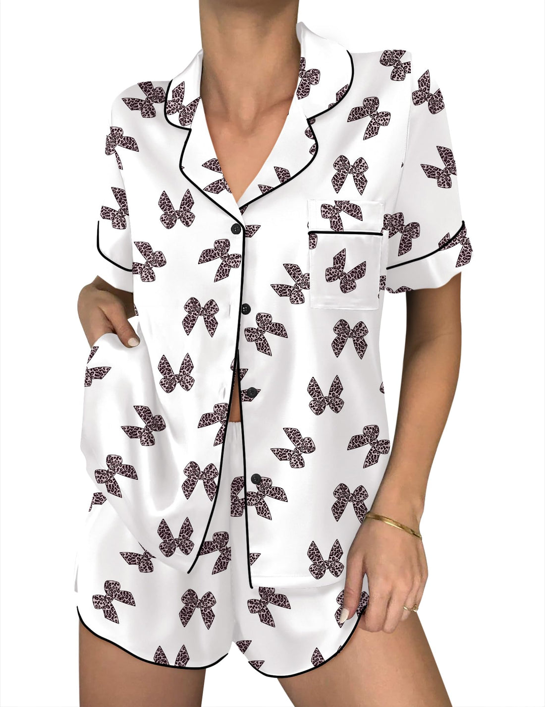 Ekouaer Women Satin Pajama Sets Cute Print Silk Pjs Shorts Sets S-4XL