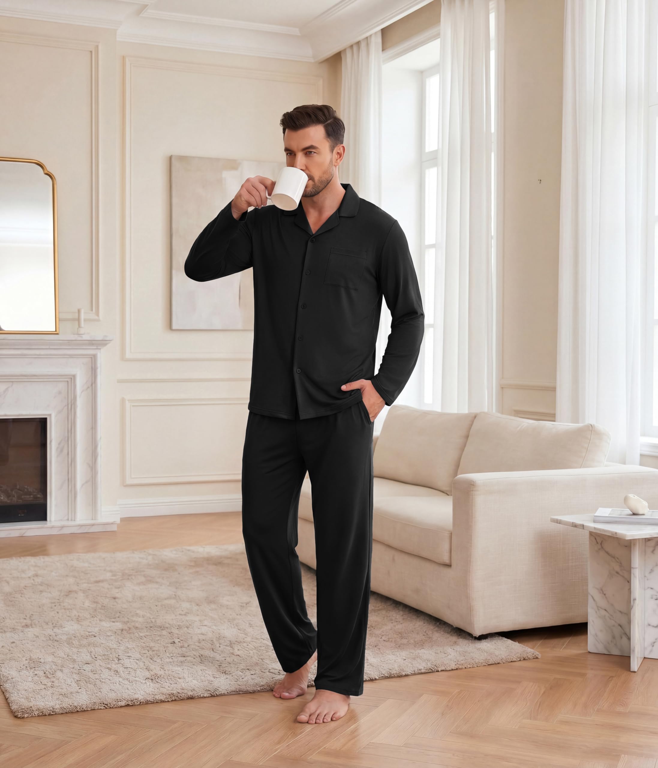 Ekouaer Mens Pajamas Set Long Sleeve Button Down Pjs Long Pants with Pocket