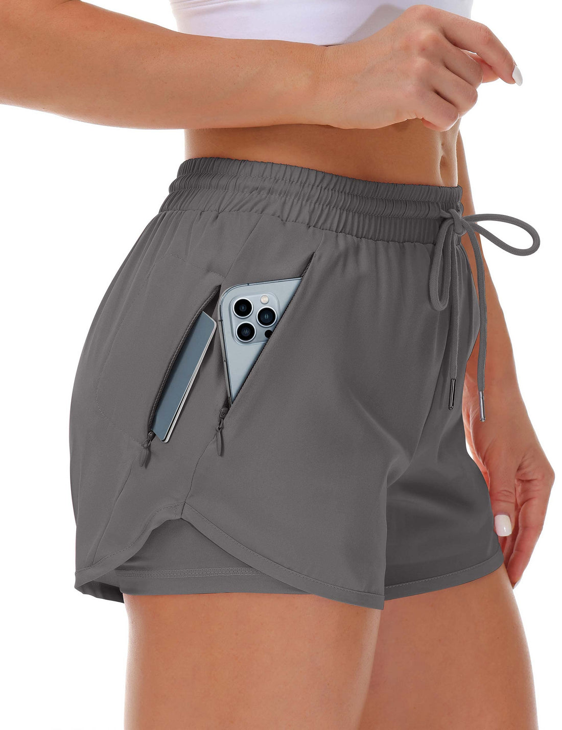 Mancreda Women's Running Shorts with Liner 3 Zipper Pockets Elastic Workout Athletic Gym Yoga Shorts